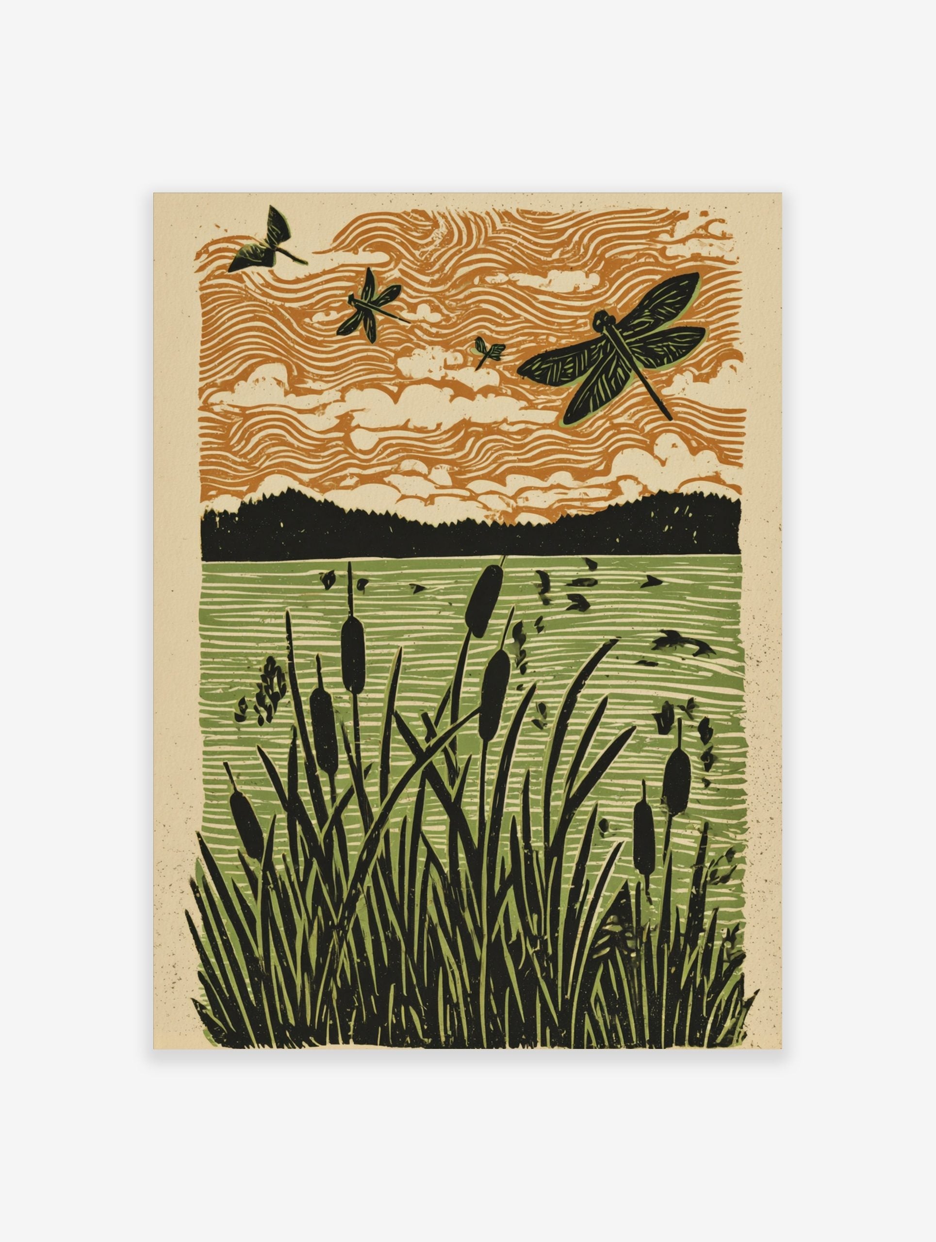 Linocut style art print of dragonflies flying over cattails and water with an orange sky