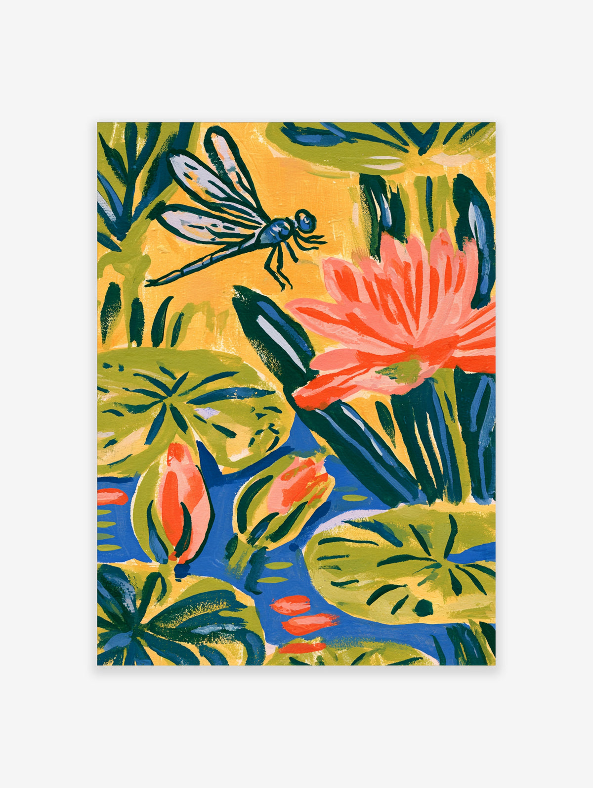 Colourful dragonfly and water lily poster with blue lily pads and coral buds on a yellow background