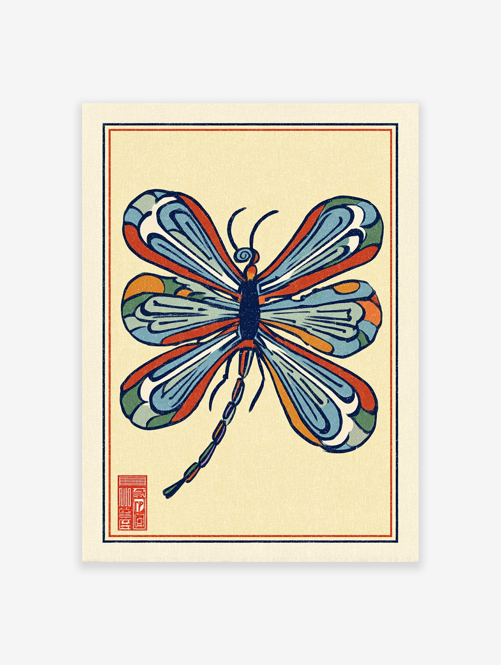 Stylized multi-color dragonfly illustration art print with blue, orange, and red wings on a light yellow background and a red seal.