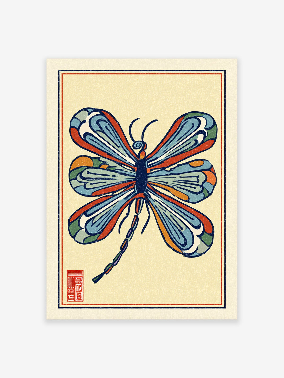 Stylized multi-color dragonfly illustration art print with blue, orange, and red wings on a light yellow background and a red seal.