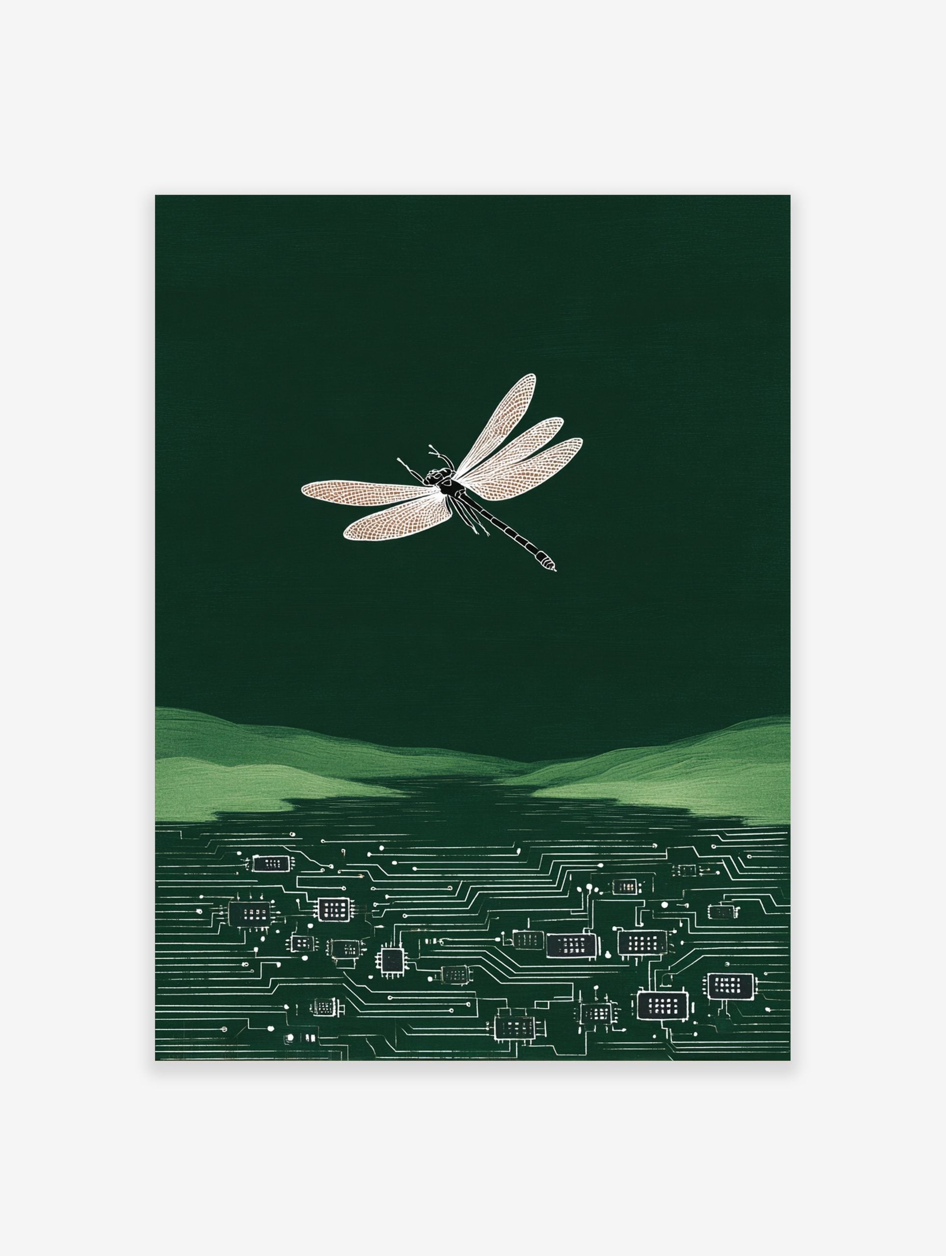 White dragonfly illustration flying over green hills and a circuit board pattern in dark green water