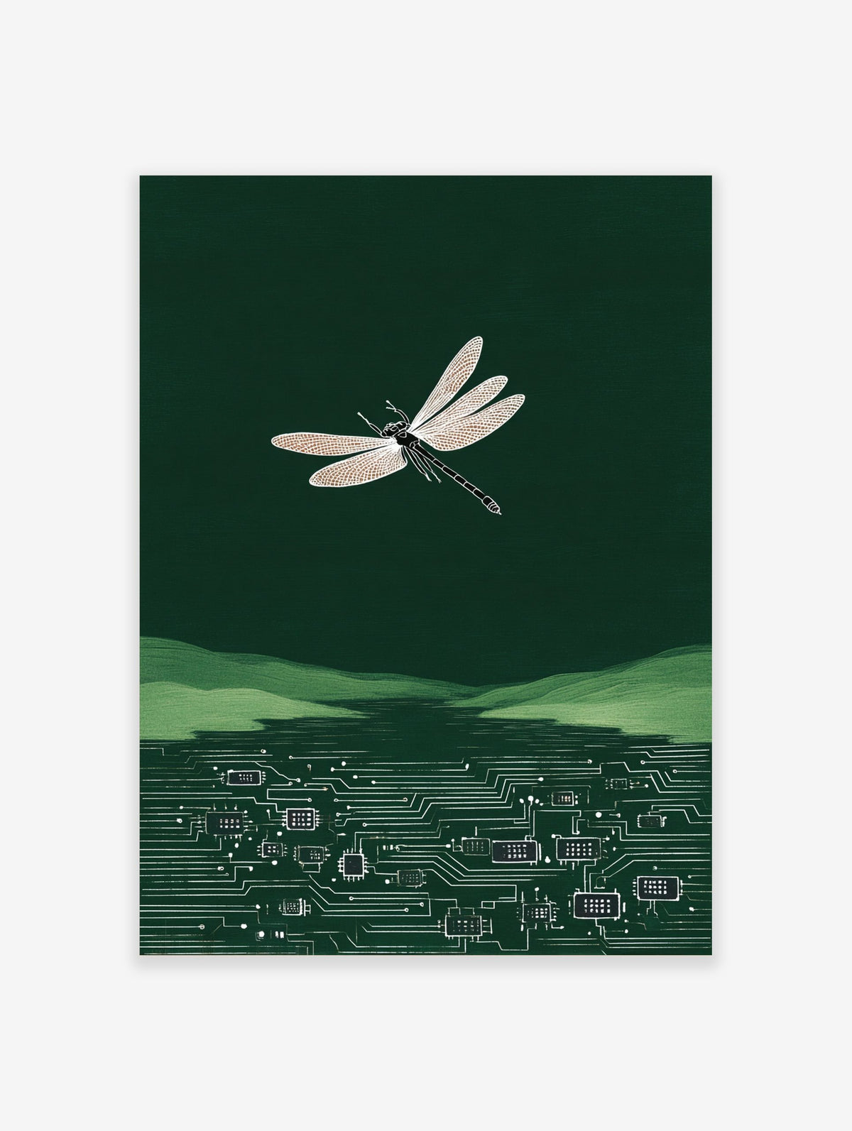 White dragonfly illustration flying over green hills and a circuit board pattern in dark green water