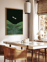 White dragonfly flying above green river merging into a circuit board with green hills and dark sky, in a styled room mockup