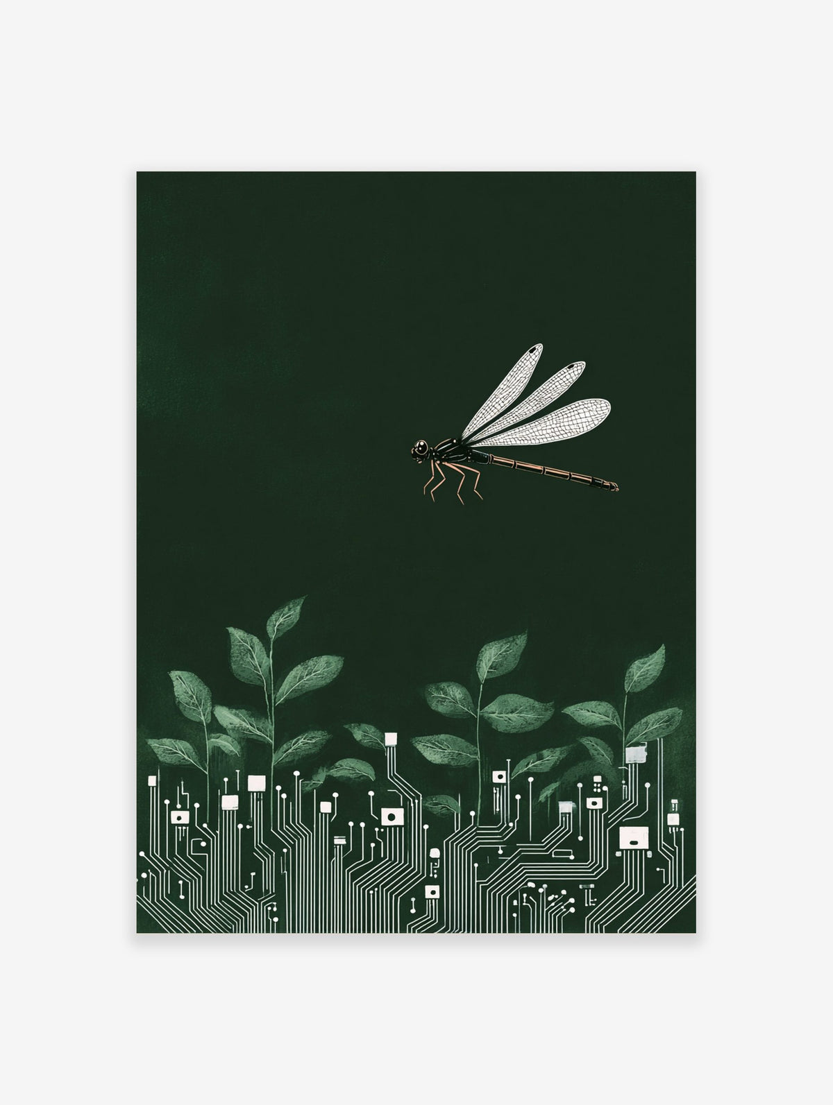 Illustrative dragonfly flying above green leaves growing from white circuit board patterns on a dark green background