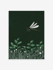 Illustrative dragonfly flying above green leaves growing from white circuit board patterns on a dark green background