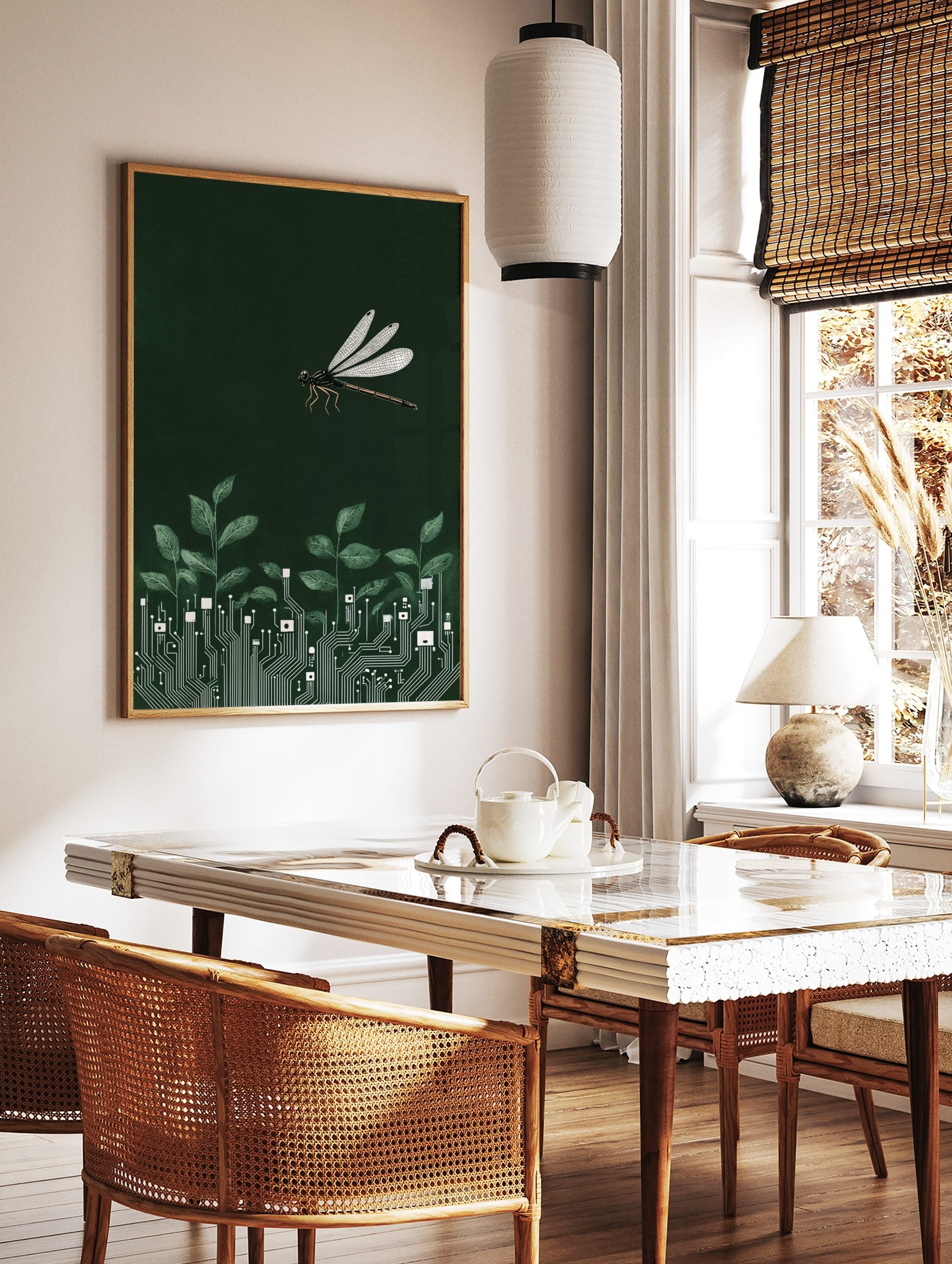 Illustrative dragonfly flying above green leaves growing from white circuit board patterns on a, in a styled room mockup