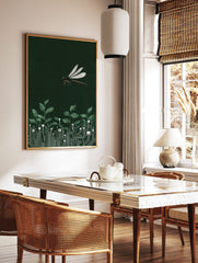 Illustrative dragonfly flying above green leaves growing from white circuit board patterns on a, in a styled room mockup