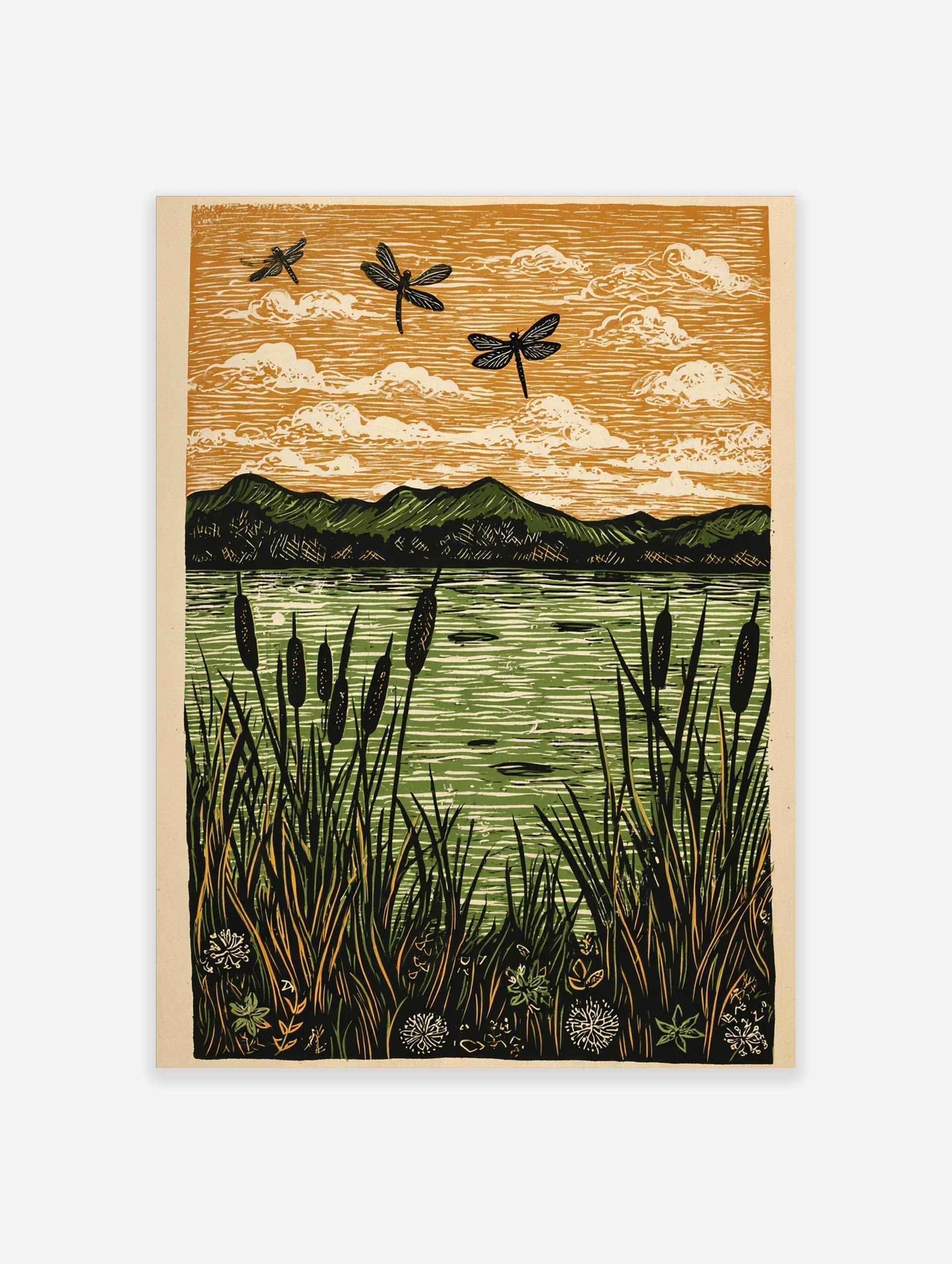 Lino cut style art print of three dragonflies flying over a lake with cattails and mountains under an orange sky