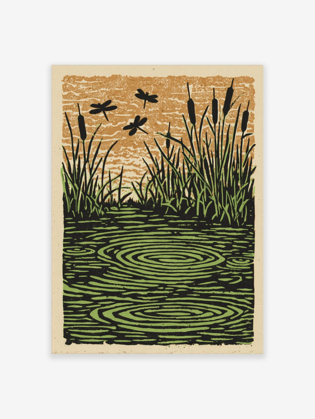 Illustrative print of dragonflies flying over a pond with cattails, grass, and water ripples in green and brown