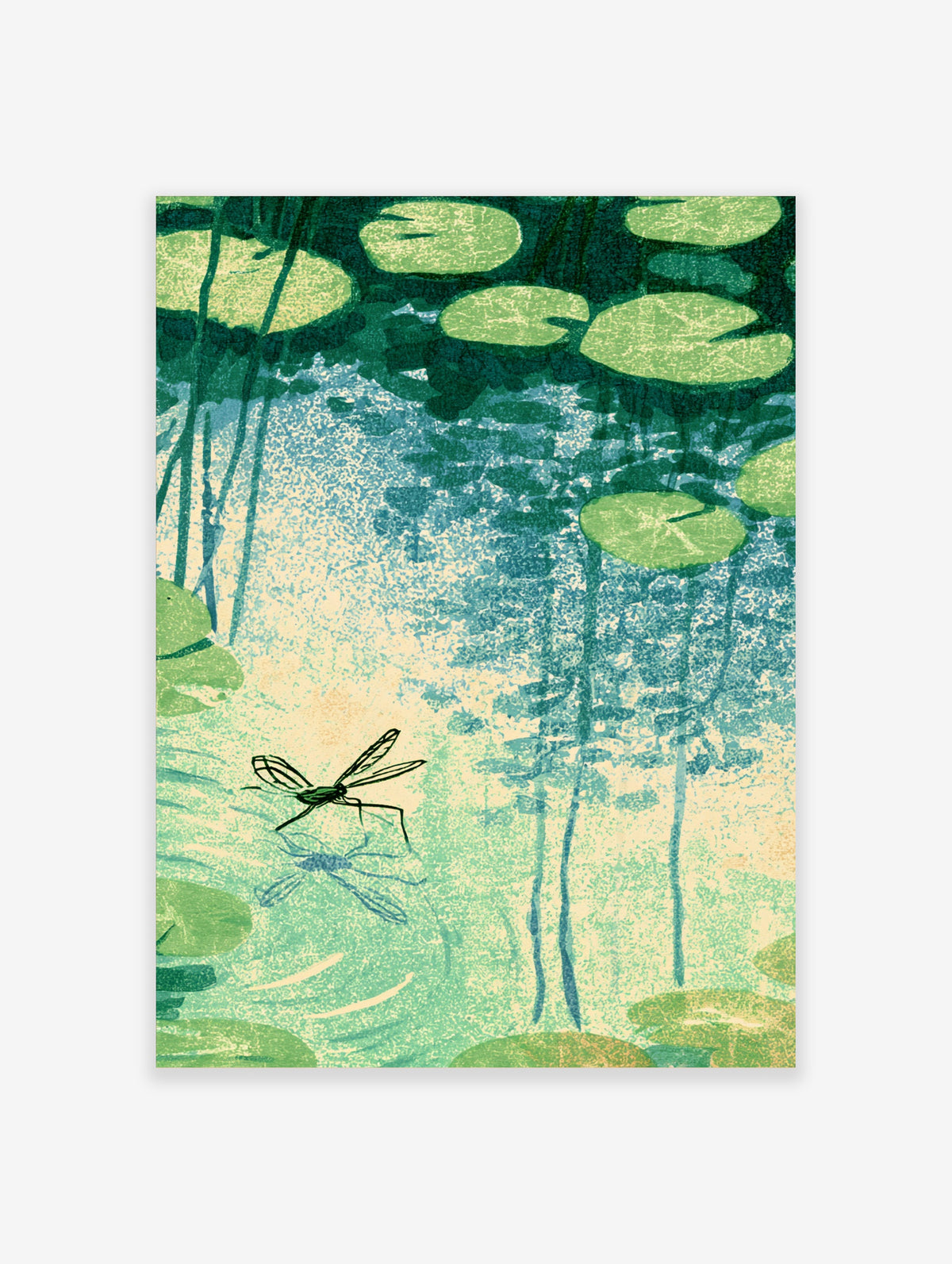 Dragonfly hovering over green lily pads and textured blue pond water art print
