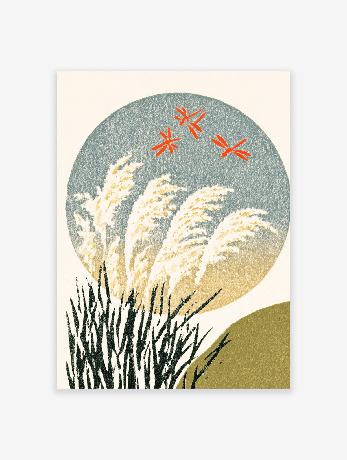 Japanese-style botanical wall art print featuring three red dragonflies flying over tall white grass on a blue circular