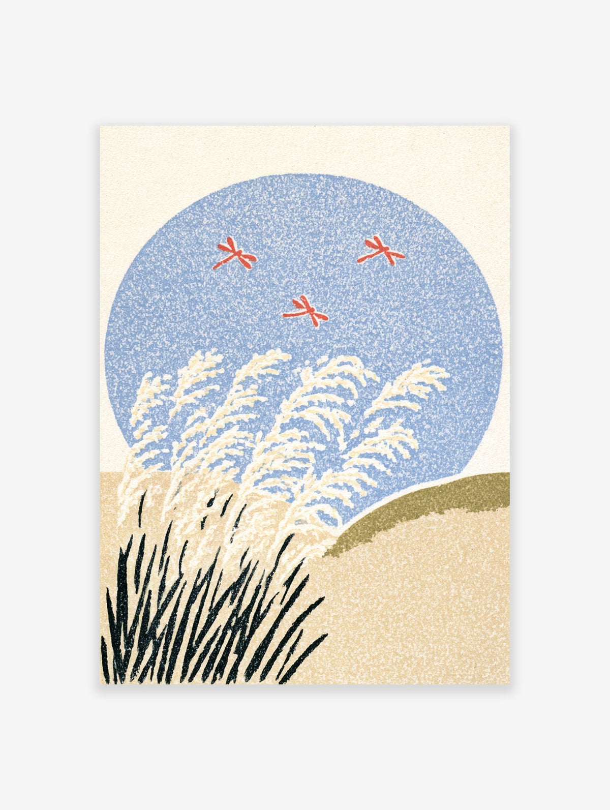Japanese-style nature print with three red dragonflies over white pampas grass and a large blue moon on a beige background