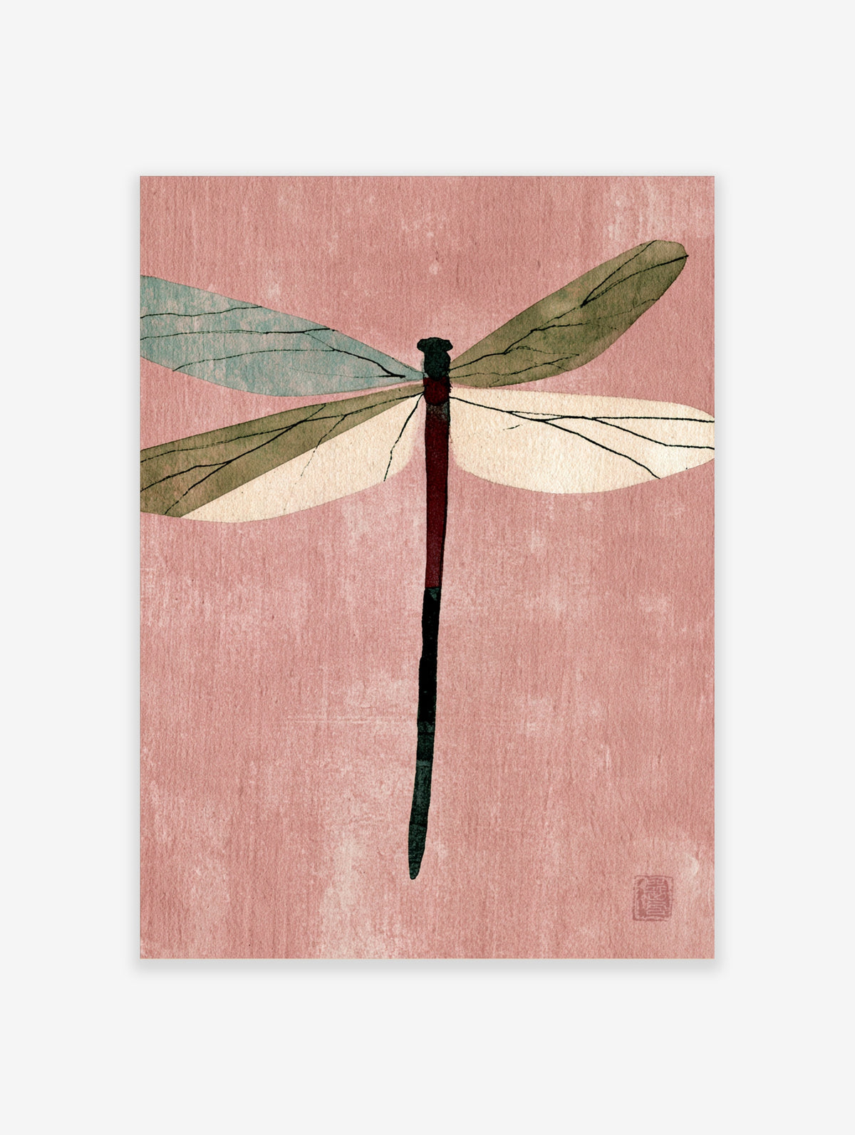 Dragonfly illustration with green, blue and cream wings on a pink background, unframed paper print