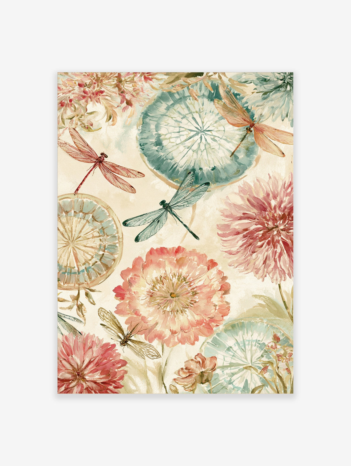 Watercolour dragonfly art print with pink flowers and teal lily pads on cream background