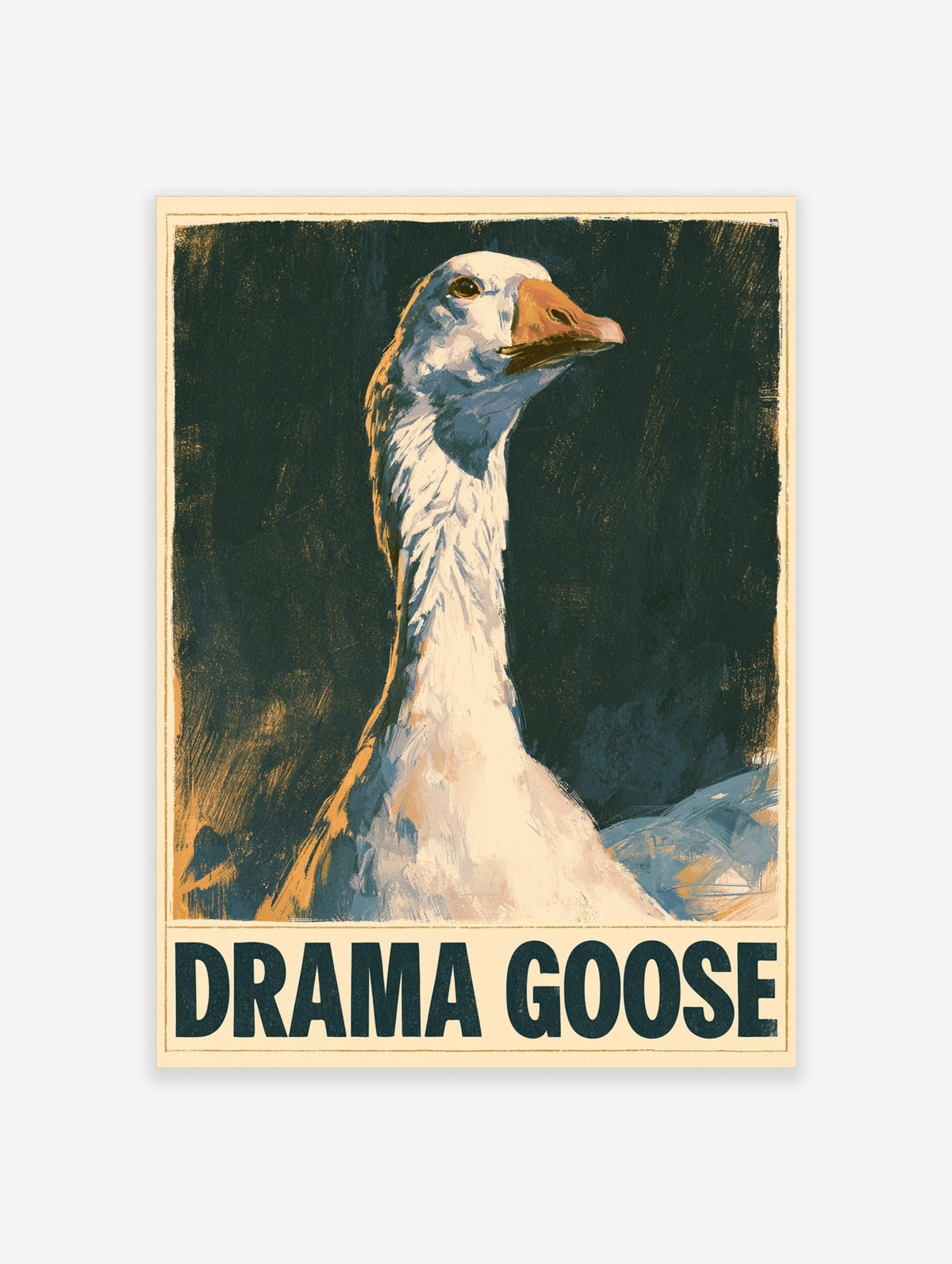Drama Goose poster with white goose, orange beak, and bold typography on dark background