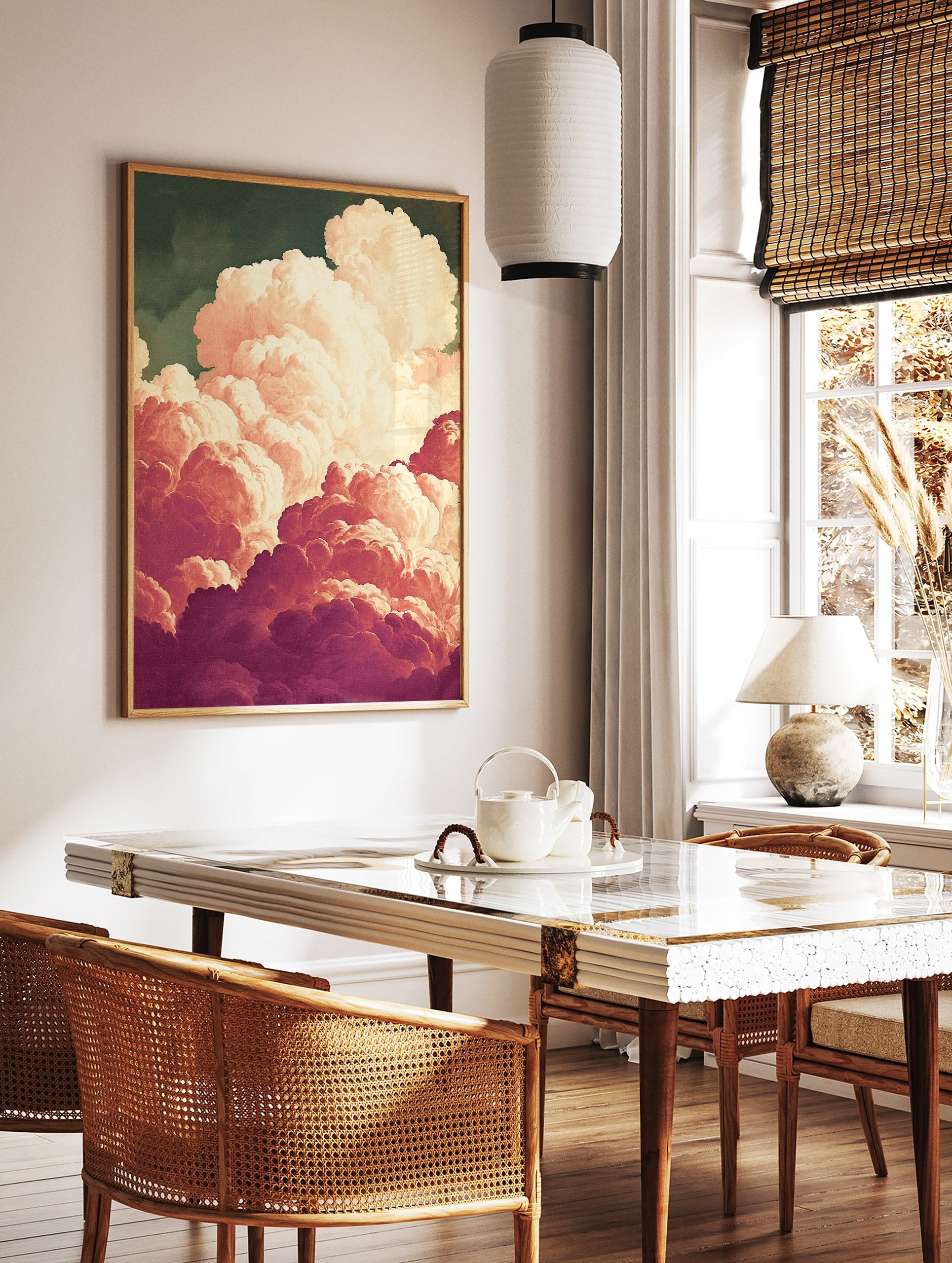 Dramatic pink and purple cloudscape art print against a dark green sky, featuring voluminous, painterly clouds. - Image 2