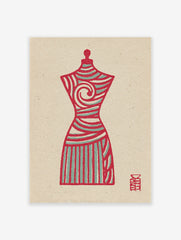 Red and teal abstract dress form art print with swirl and stripe patterns on a beige textured background, illustrative style.