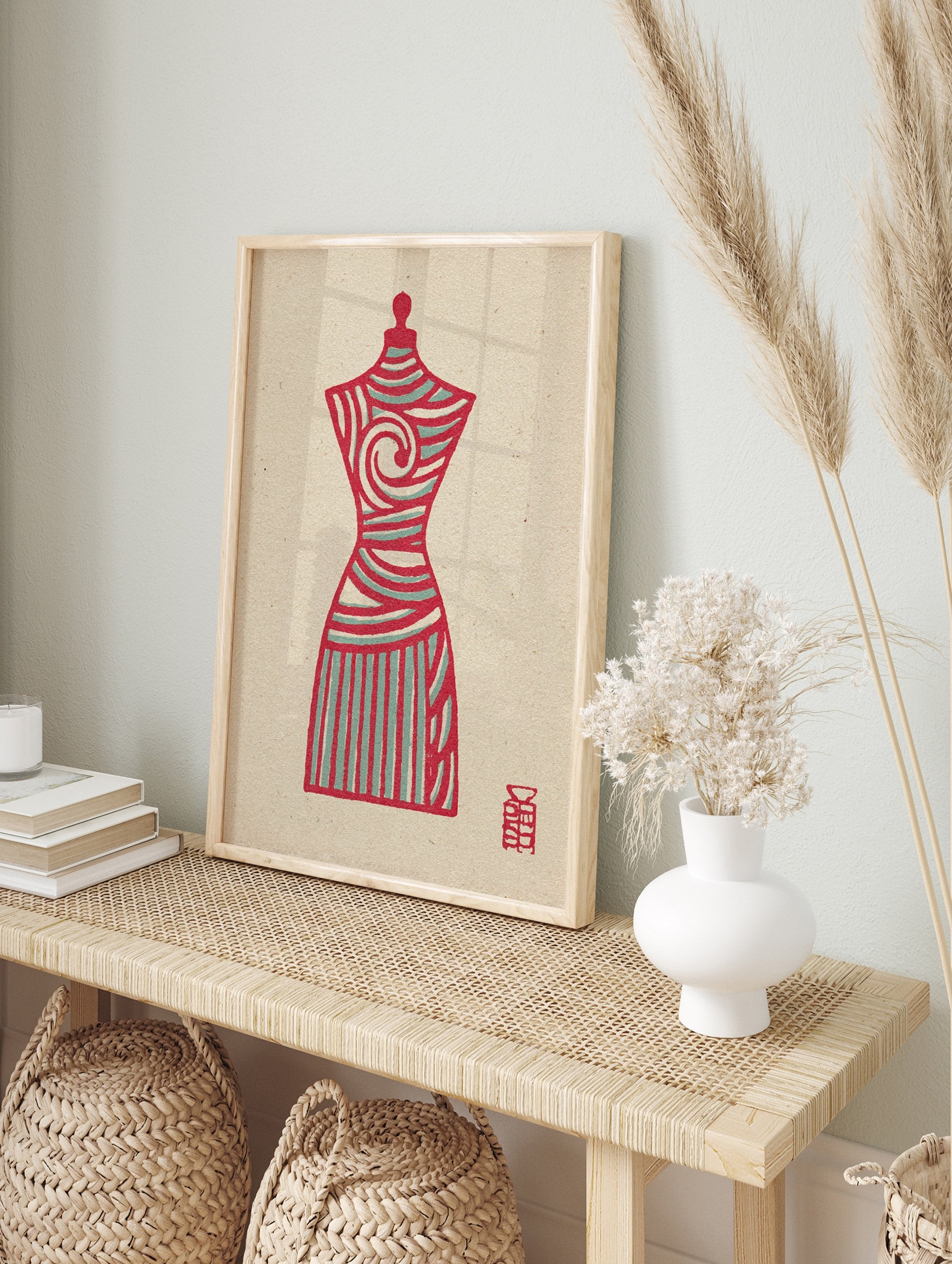 Red and teal abstract dress form art print with swirl and stripe patterns on a beige textured background, illustrative style. - Image 3