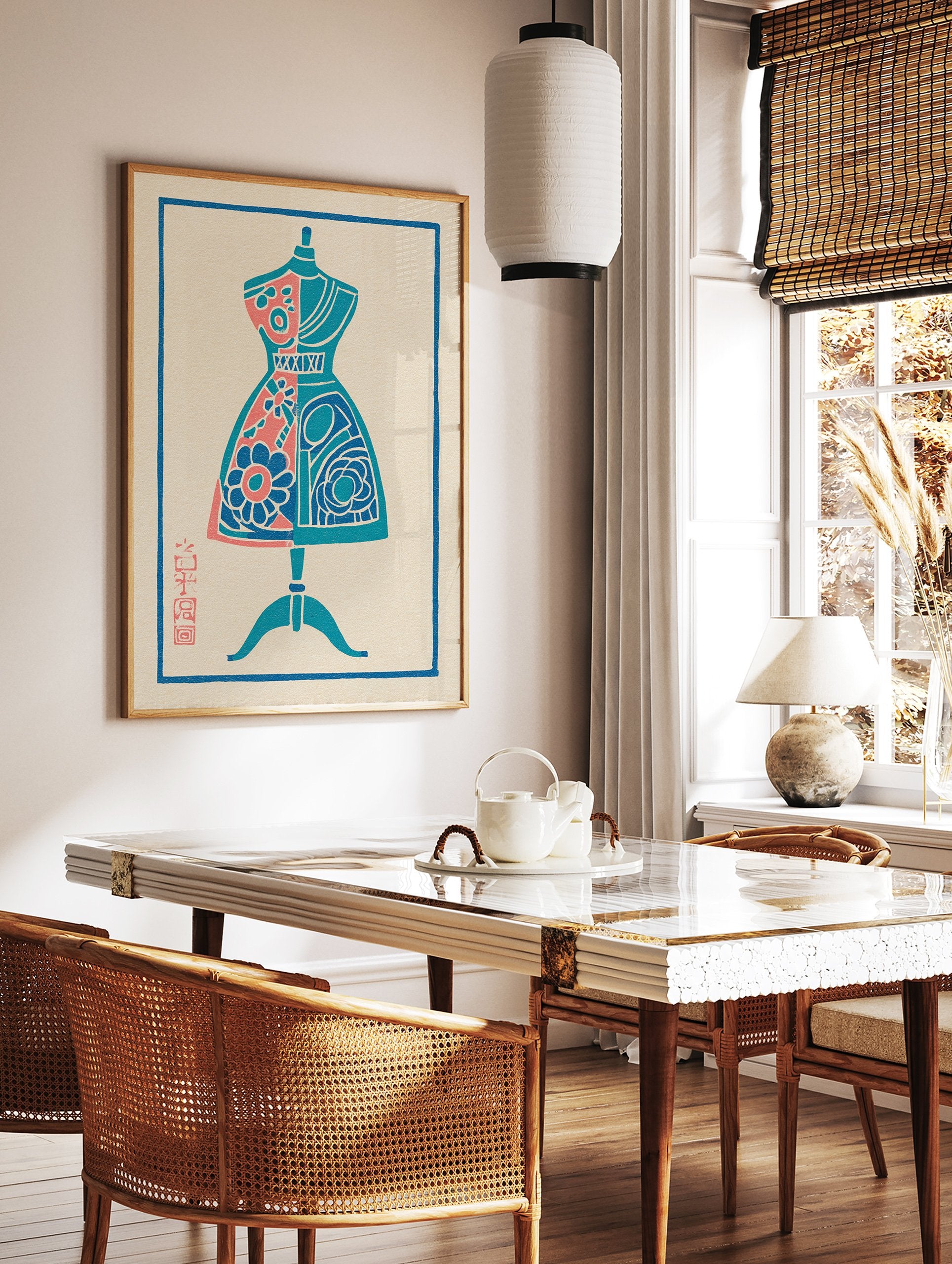 Stylized Dress Form Art Print with blue and pink floral patterns on a light background, featuring a Japanese stamp. - Image 2