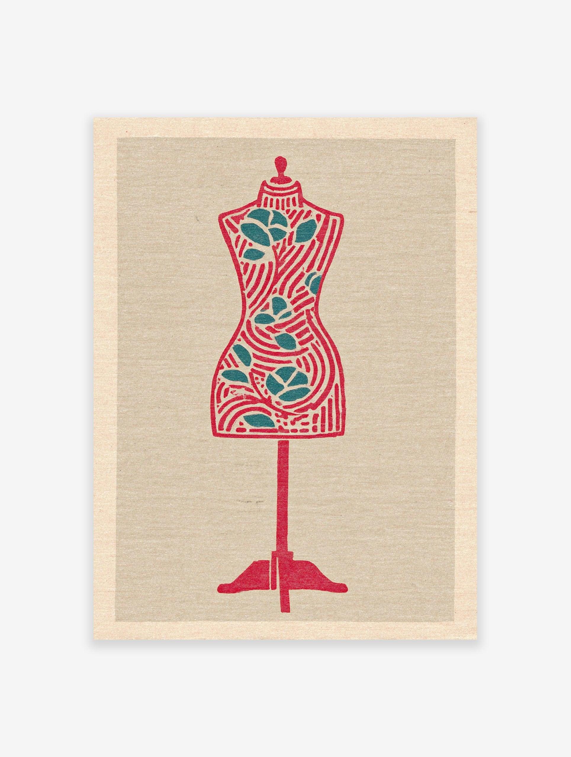 Stylized red and teal dress form wall art print on a textured beige background, featuring stripes and leaf motifs.