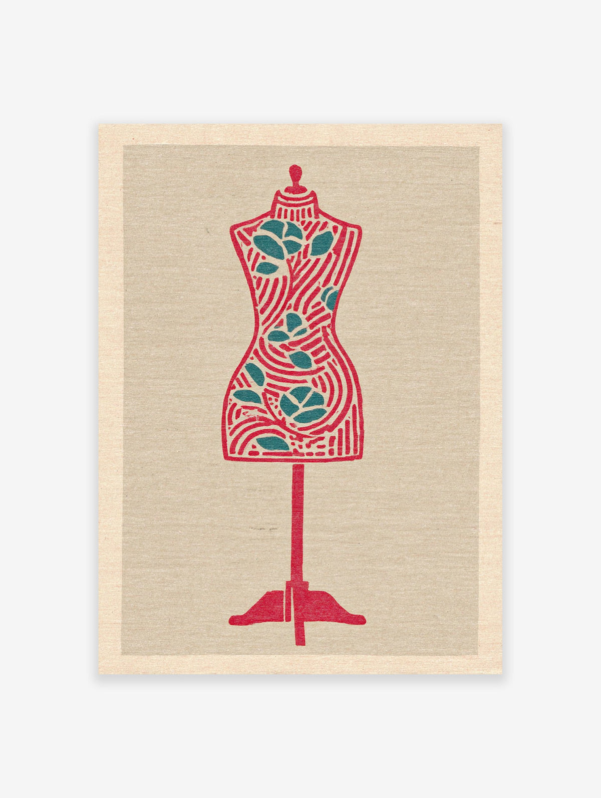 Stylized red and teal dress form wall art print on a textured beige background, featuring stripes and leaf motifs.