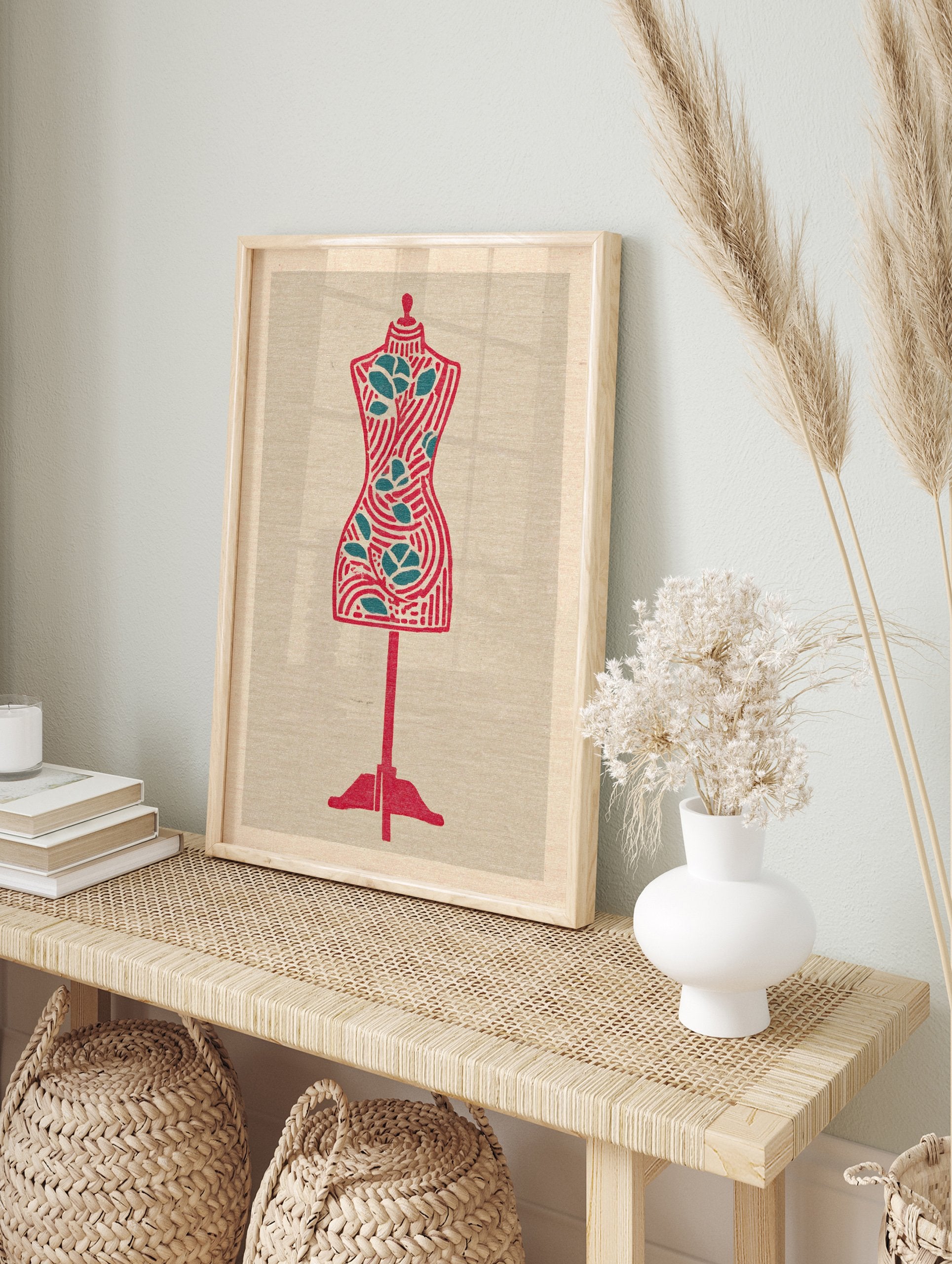 Stylized red and teal dress form wall art print on a textured beige background, featuring stripes and leaf motifs. - Image 3