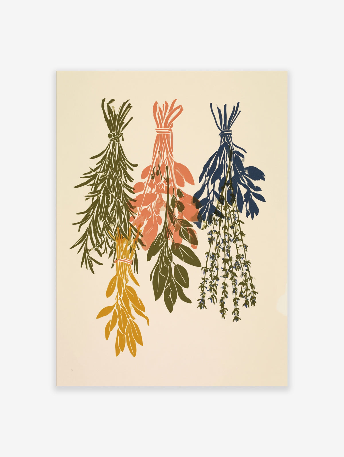 Three bundles of dried herbs in sage green, peach, and navy hanging as a botanical illustration on a cream background