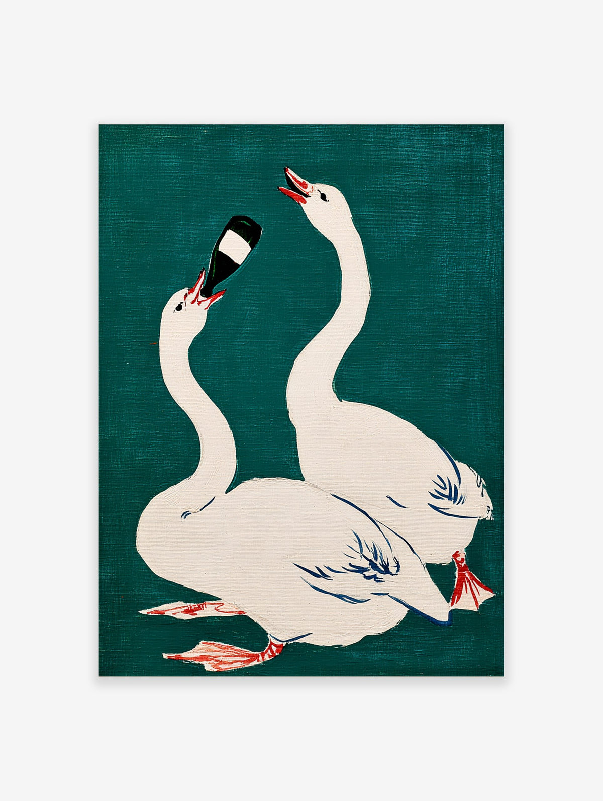 Illustrative print of two white swans on teal background, one drinking from a dark bottle