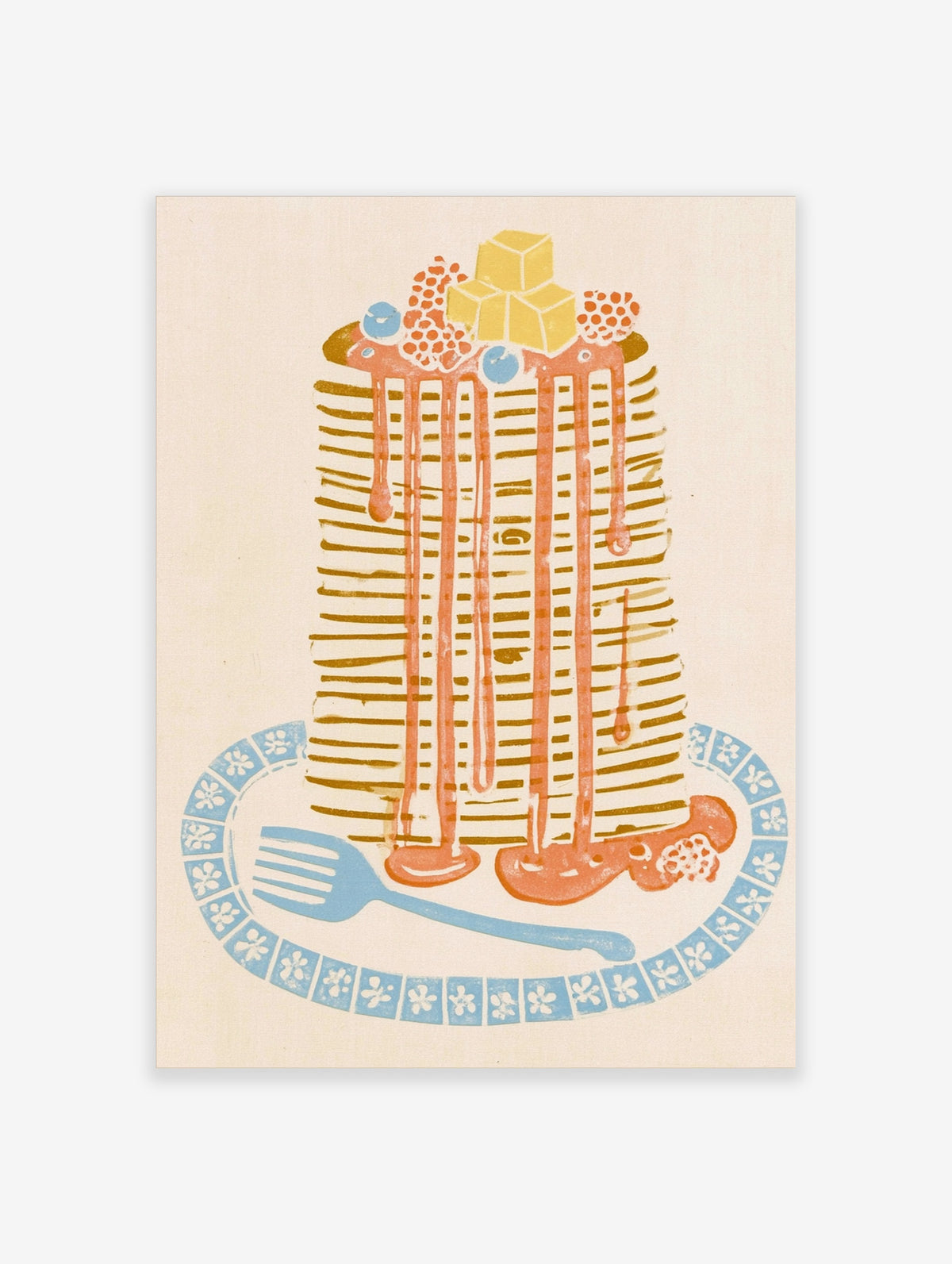 Colourful drip cake art print with pink icing, yellow butter cubes, and blue berries on a blue floral plate