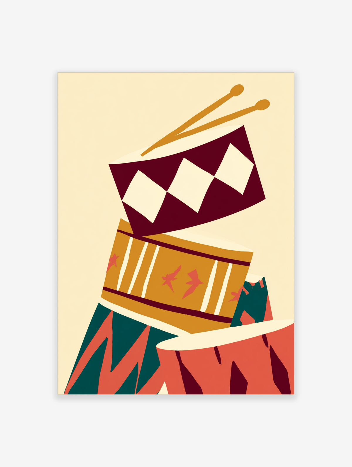 Colourful drum kit illustration with burgundy diamond drum, ochre lightning drum, teal and coral drums, and crossed