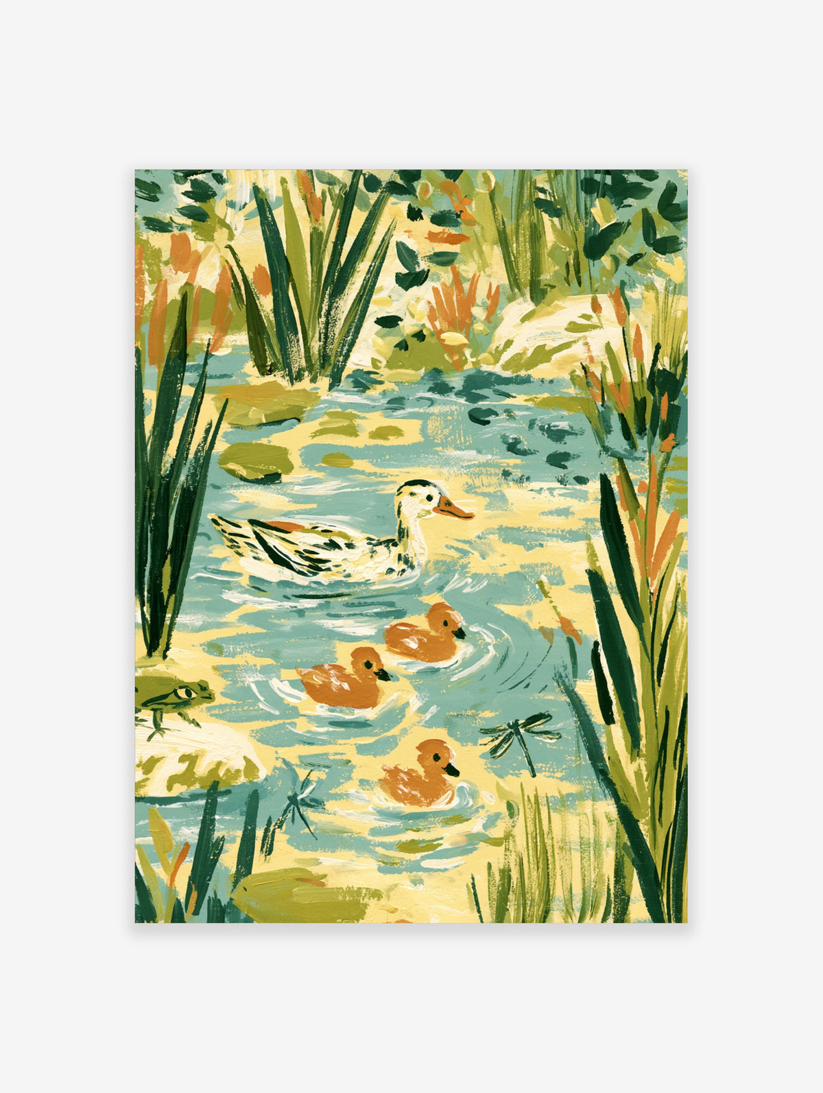 Duck and ducklings pond poster with frog and dragonflies among green reeds