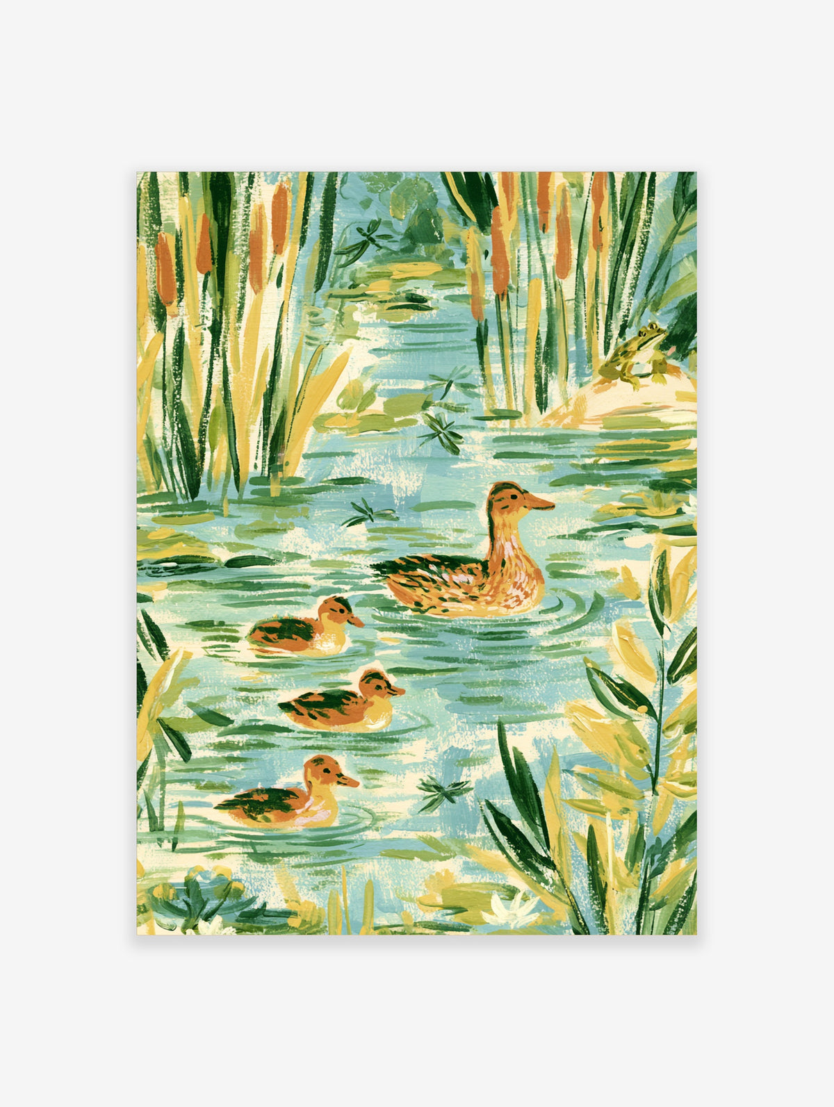 Illustrated duck and ducklings swimming on a blue pond with reeds, lily pads, and a frog on a rock