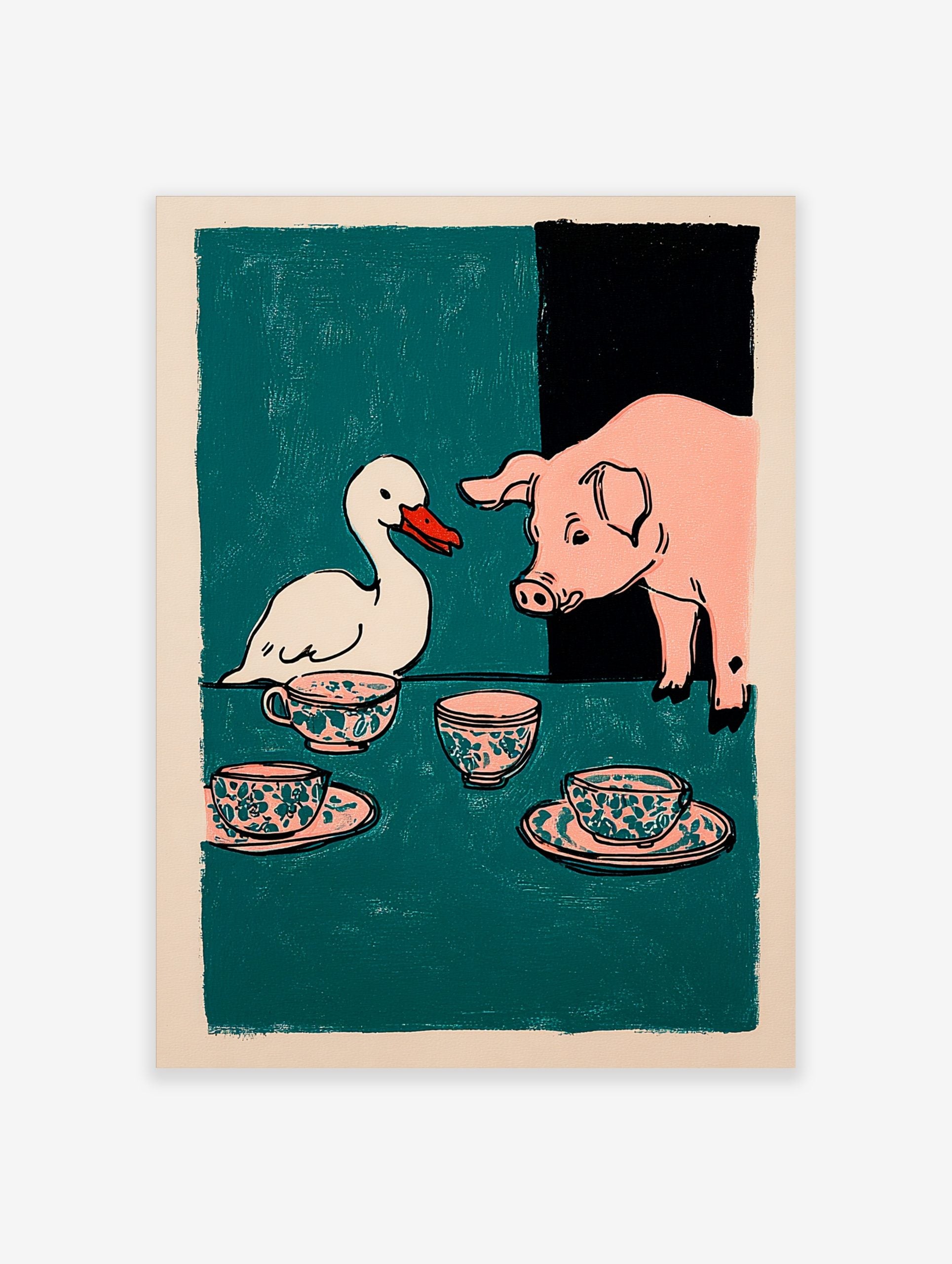 Illustrative print of a white duck and a pink pig at a tea party with patterned teacups on a teal table