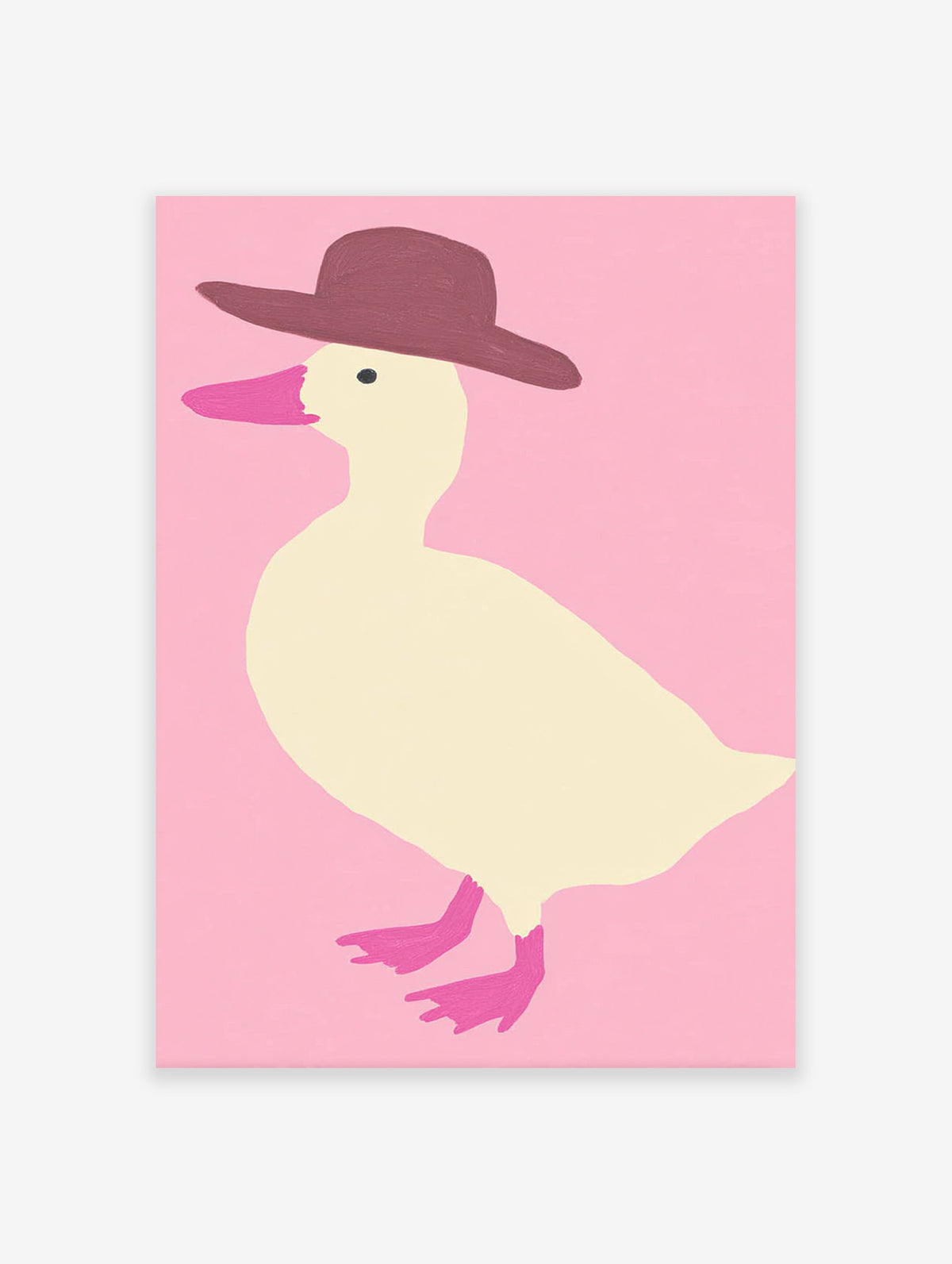 Illustration of a cream duck wearing a brown hat against a pink background, with pink beak and feet.