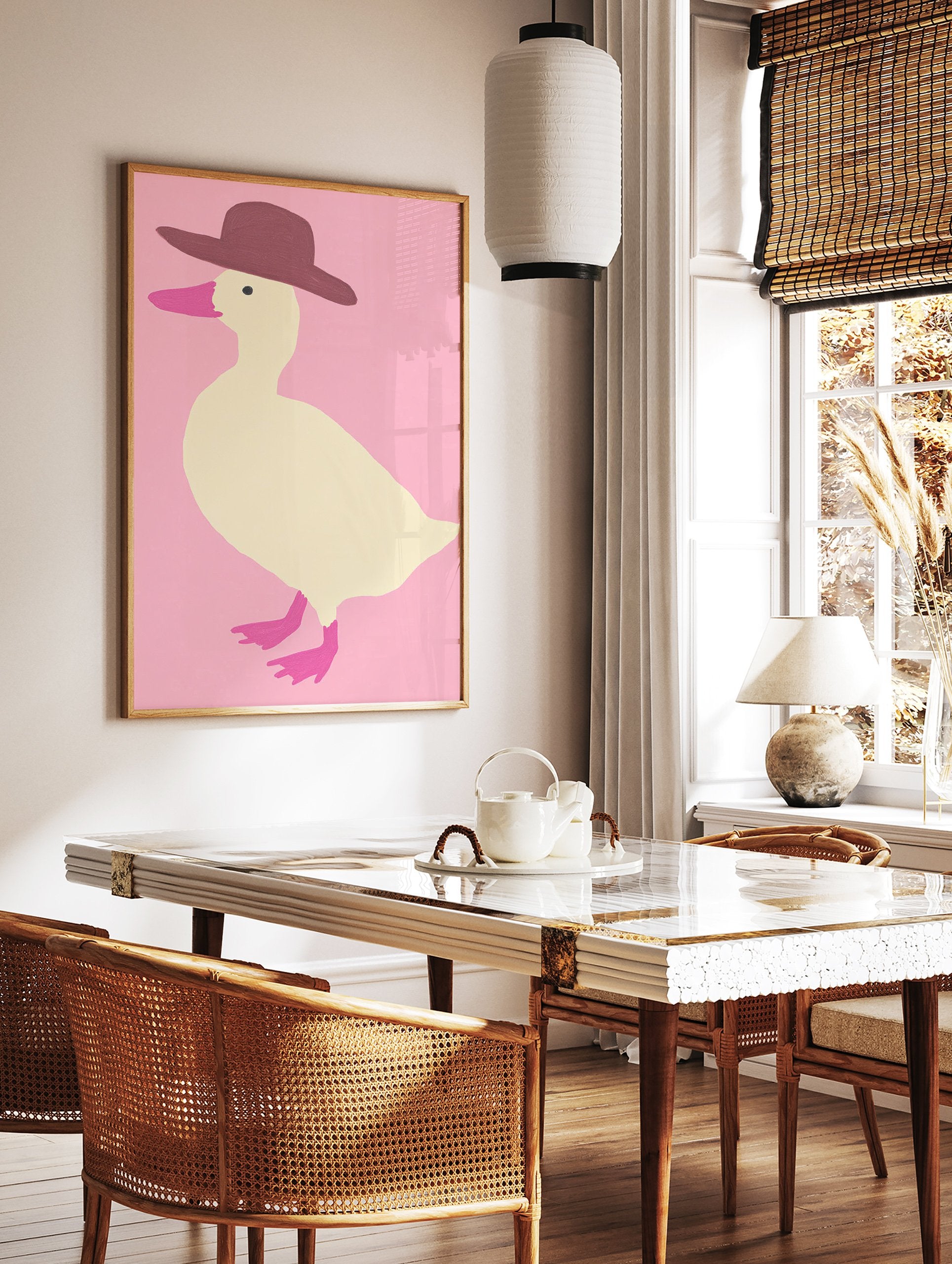 Illustration of a cream duck wearing a brown hat against a pink background, with pink beak and feet. - Image 2