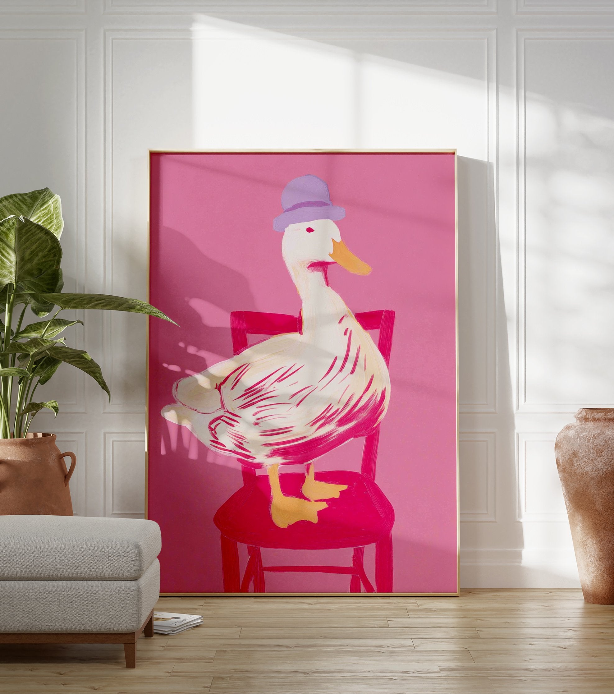 Whimsical duck art print with a white duck in a purple hat sitting on a pink chair against a bright pink background - Image 3