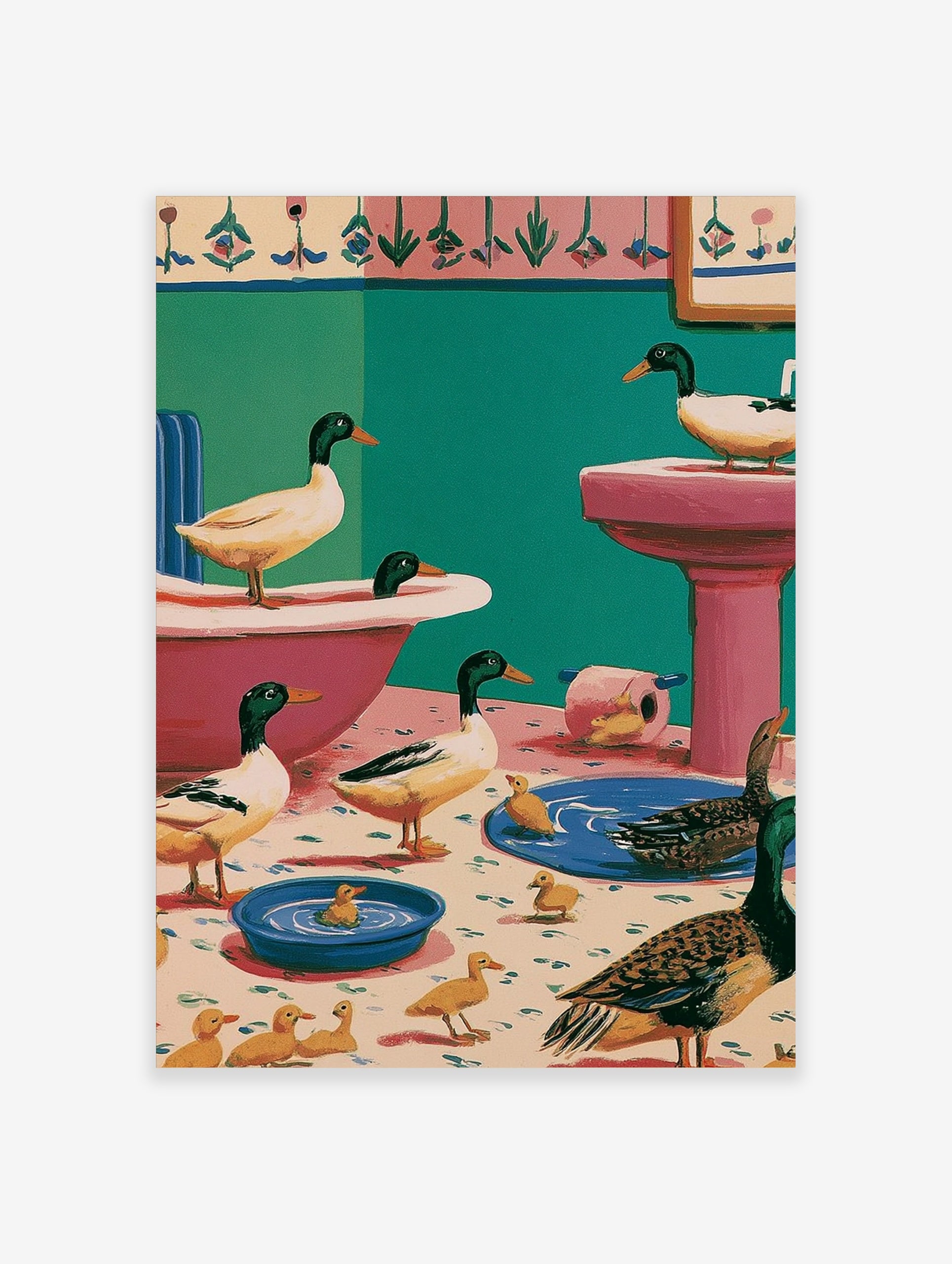 Whimsical illustration of mallard ducks and ducklings inside a pink and teal bathroom with blue water bowls