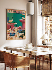 Whimsical illustration of mallard ducks and ducklings inside a pink and teal bathroom with blue, in a styled room mockup