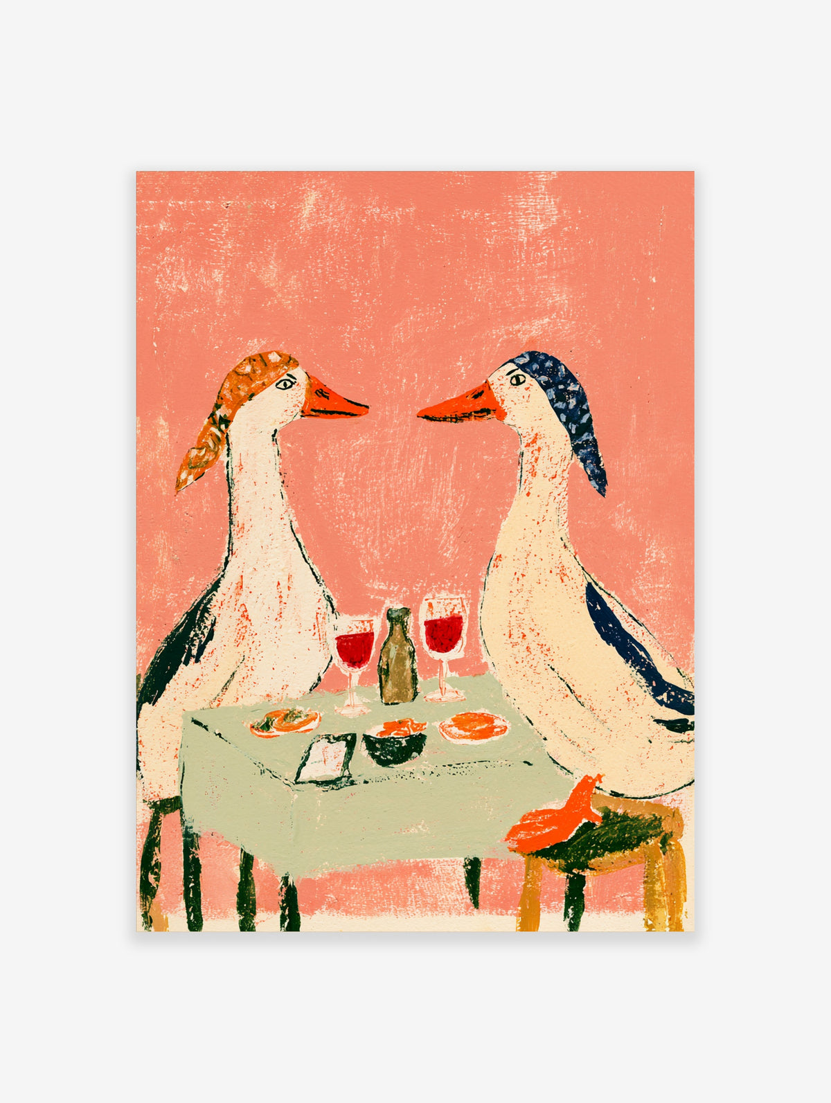 Two ducks in patterned headscarves sitting at a table with wine glasses and a bottle, coral background