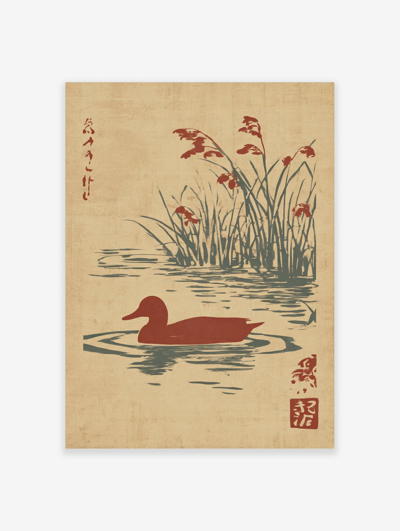 Red duck swimming in pond with reeds and kanji, Japanese woodblock style print on beige background