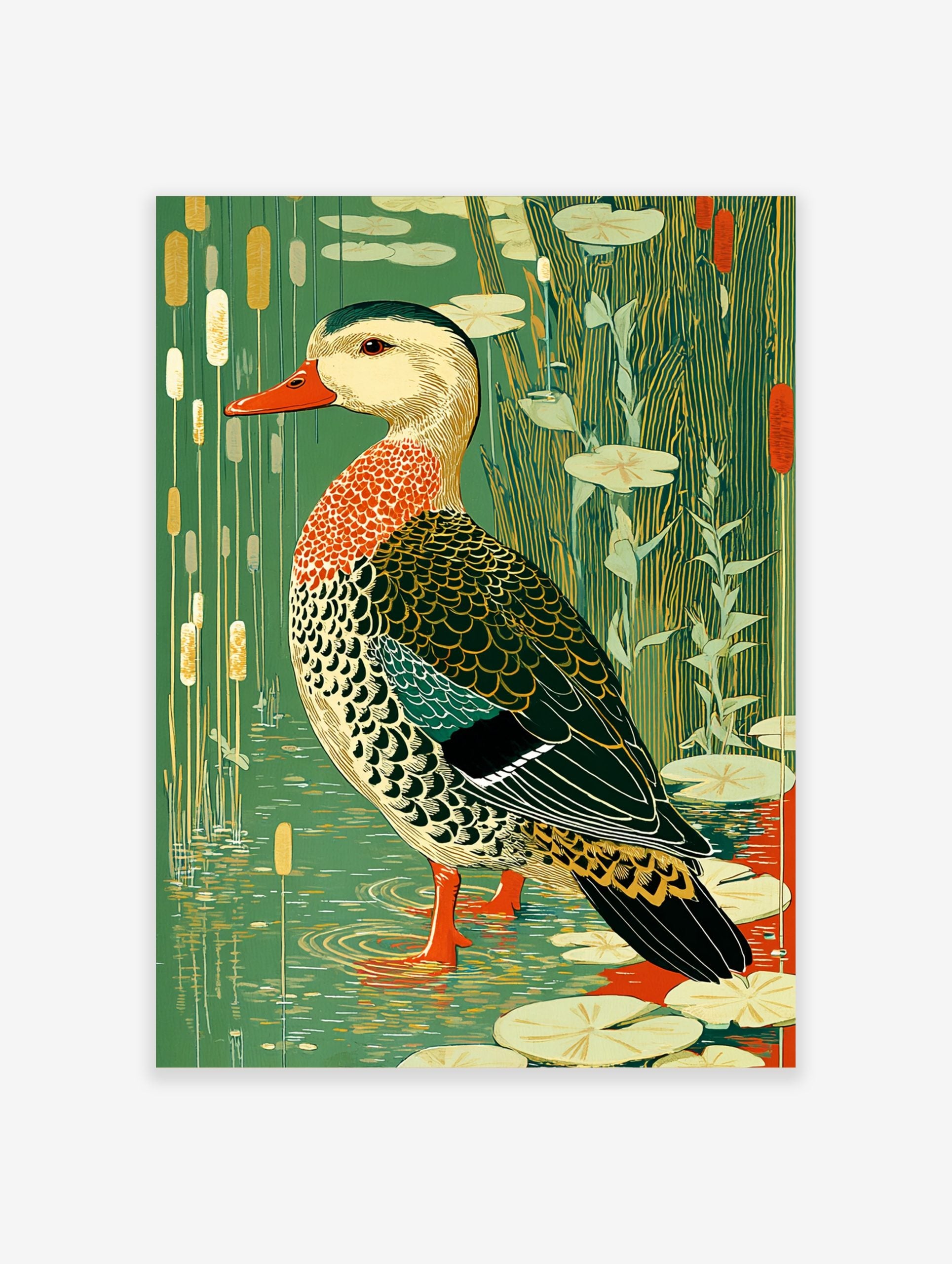 Illustrative duck with red beak and patterned feathers in a green pond with lily pads and reeds