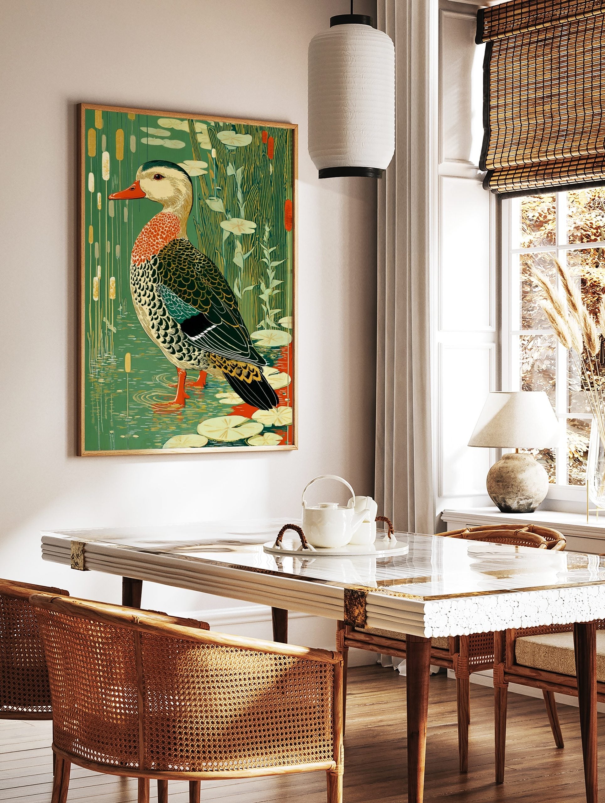 Illustrative duck with red beak and patterned feathers in a green pond with lily pads and reeds, in a styled room mockup
