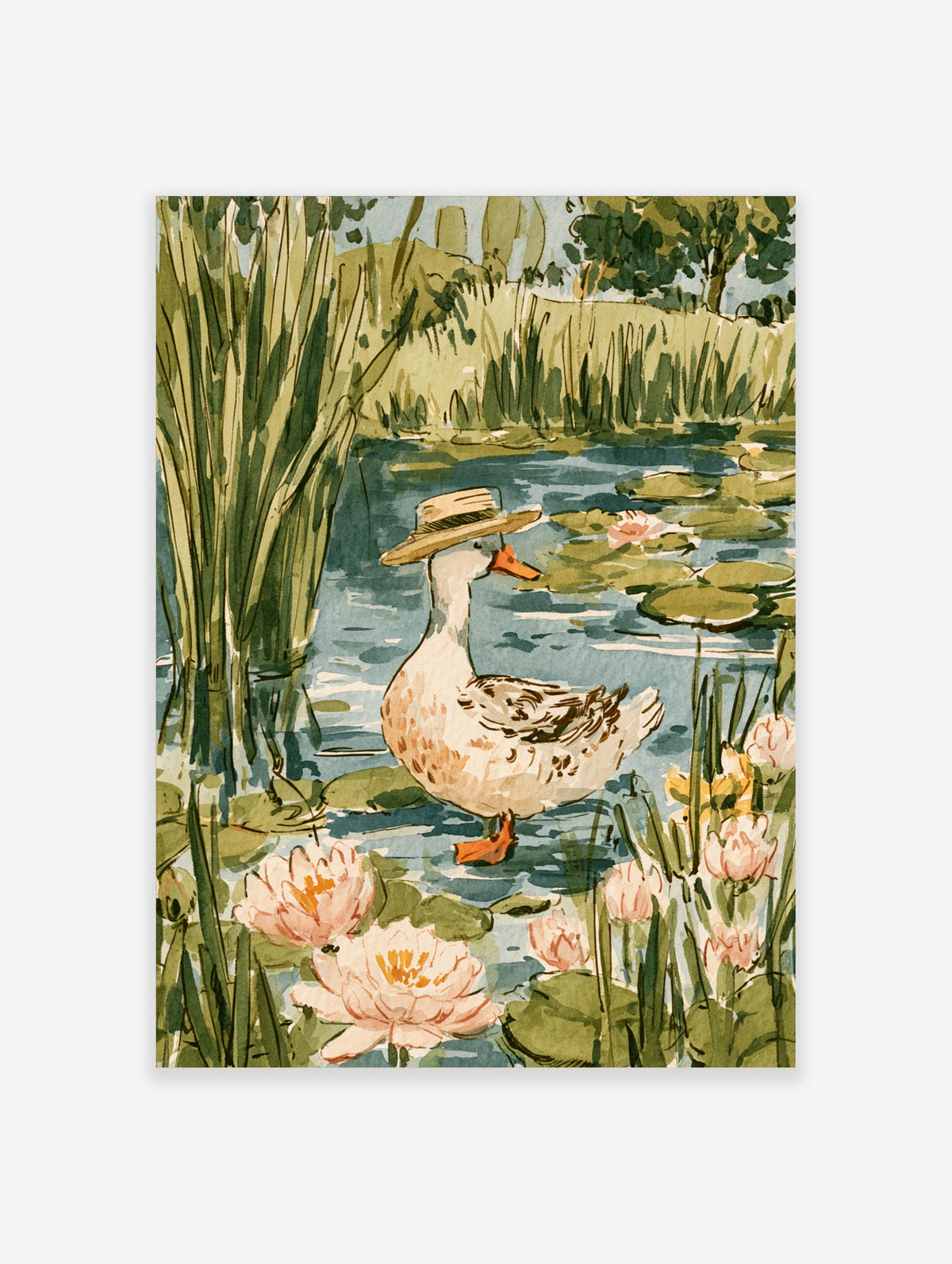 Duck in straw hat standing in pond with water lilies and reeds, watercolour style
