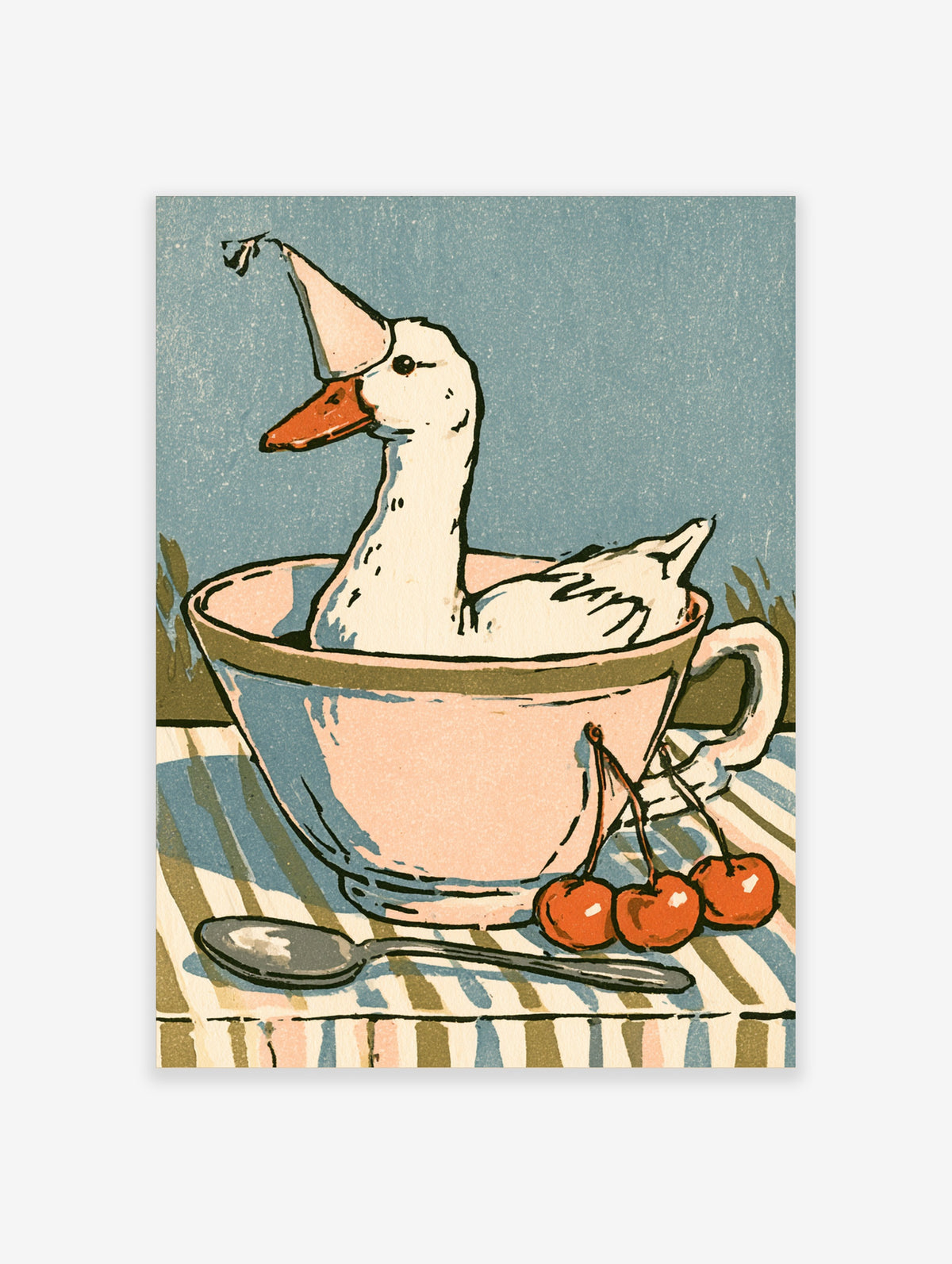 Duck in pink teacup with party hat, cherries and spoon on striped tablecloth, blue background