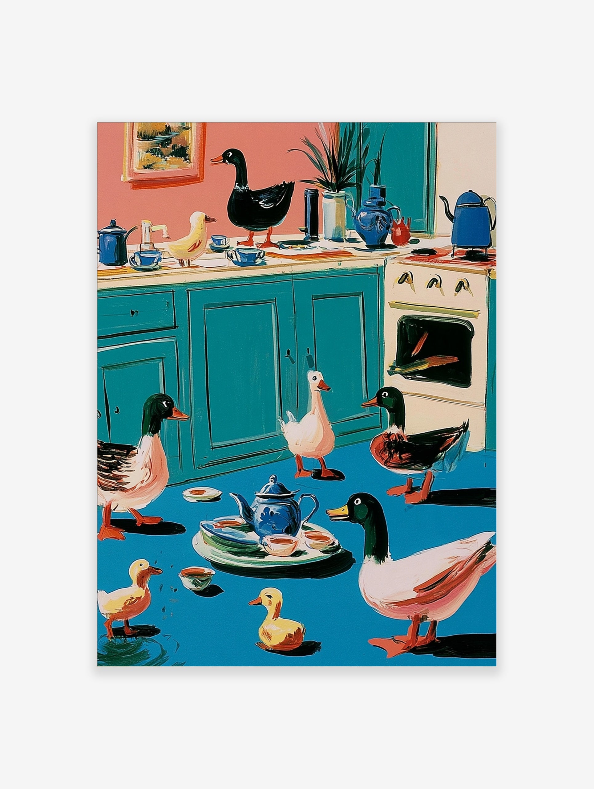 Whimsical illustration of ducks and ducklings in a colourful kitchen with a teapot and stove, teal and yellow wall art print