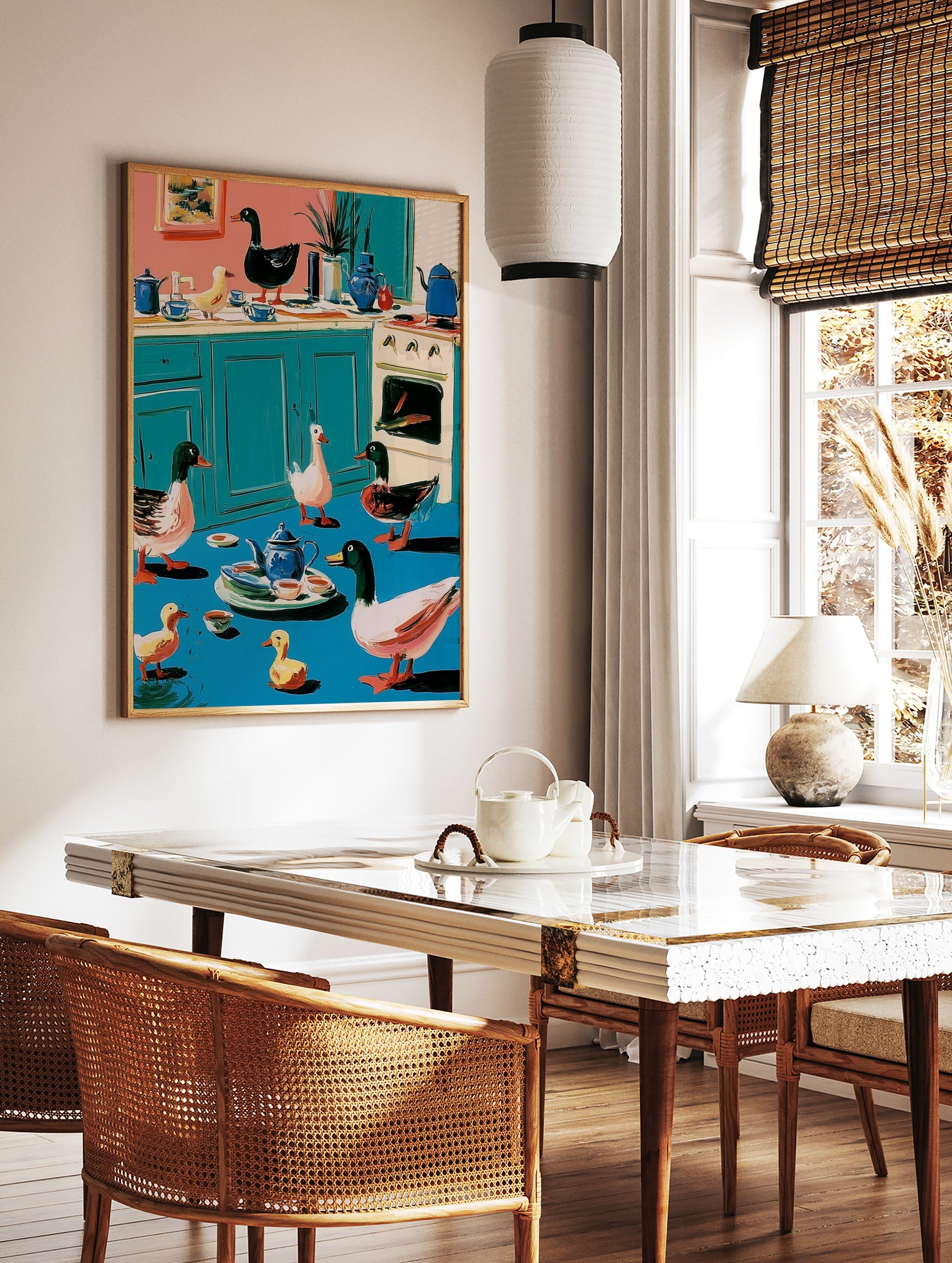 Whimsical illustration of ducks and ducklings in a colourful kitchen with a teapot and stove, teal, in a styled room mockup