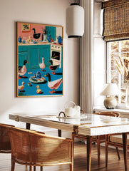 Whimsical illustration of ducks and ducklings in a colourful kitchen with a teapot and stove, teal, in a styled room mockup