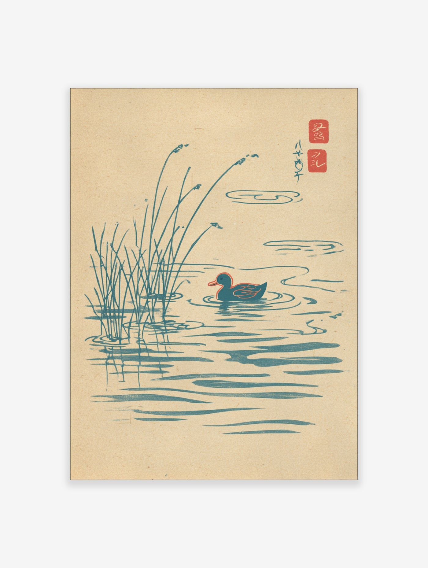 Teal duck swimming among reeds with stylised waves on beige background, Japanese woodblock style print with red seals and