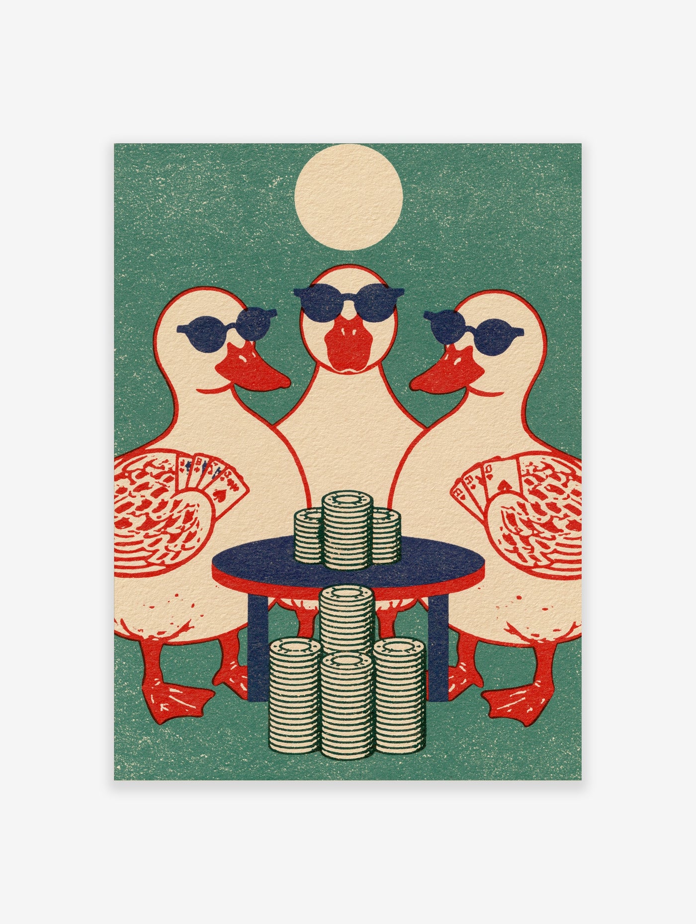 Three ducks in sunglasses playing poker with cards and chips, retro animal print, green background