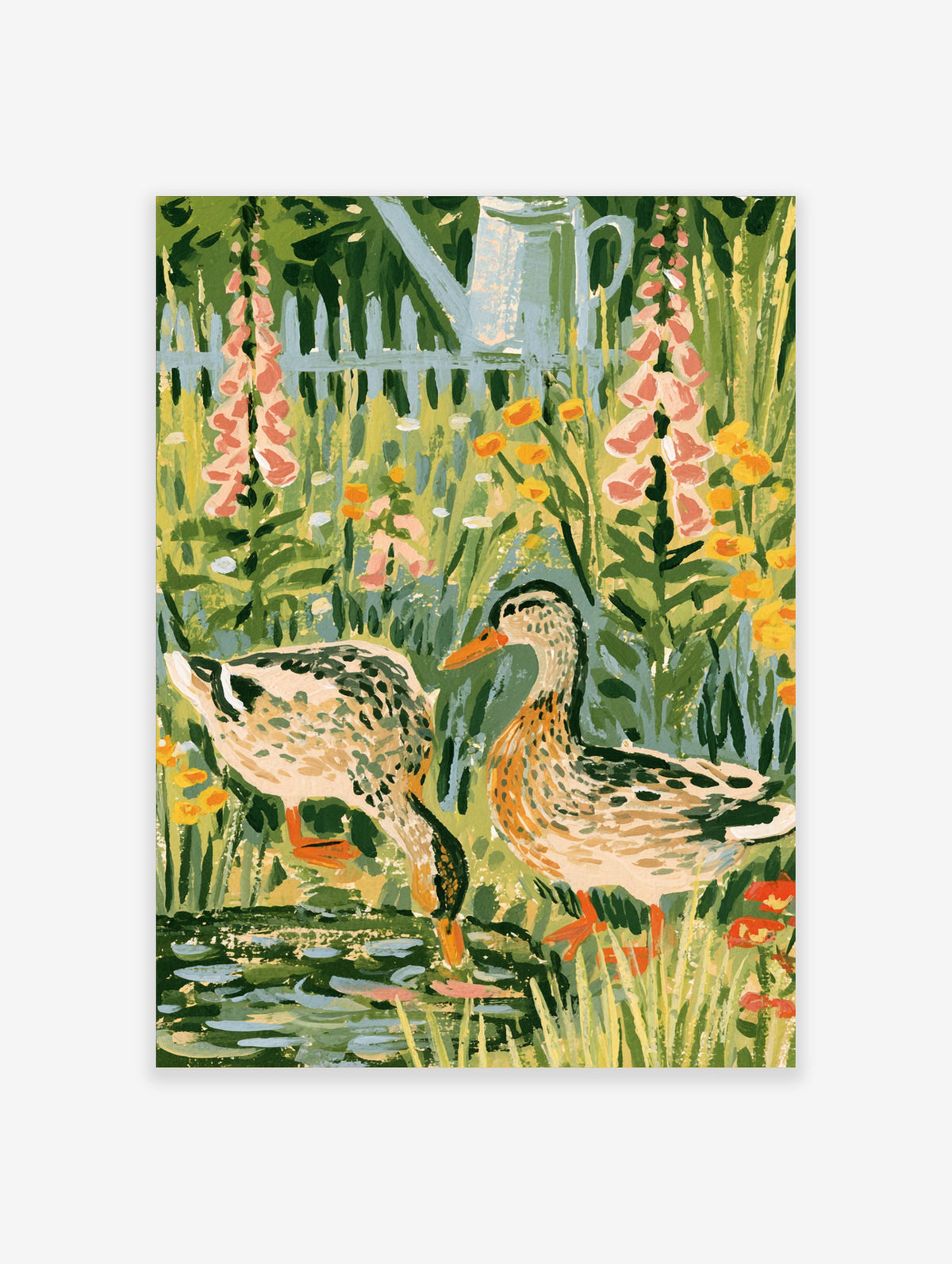 Two mallard ducks beside a pond with pink foxgloves and yellow flowers in a colourful garden illustration